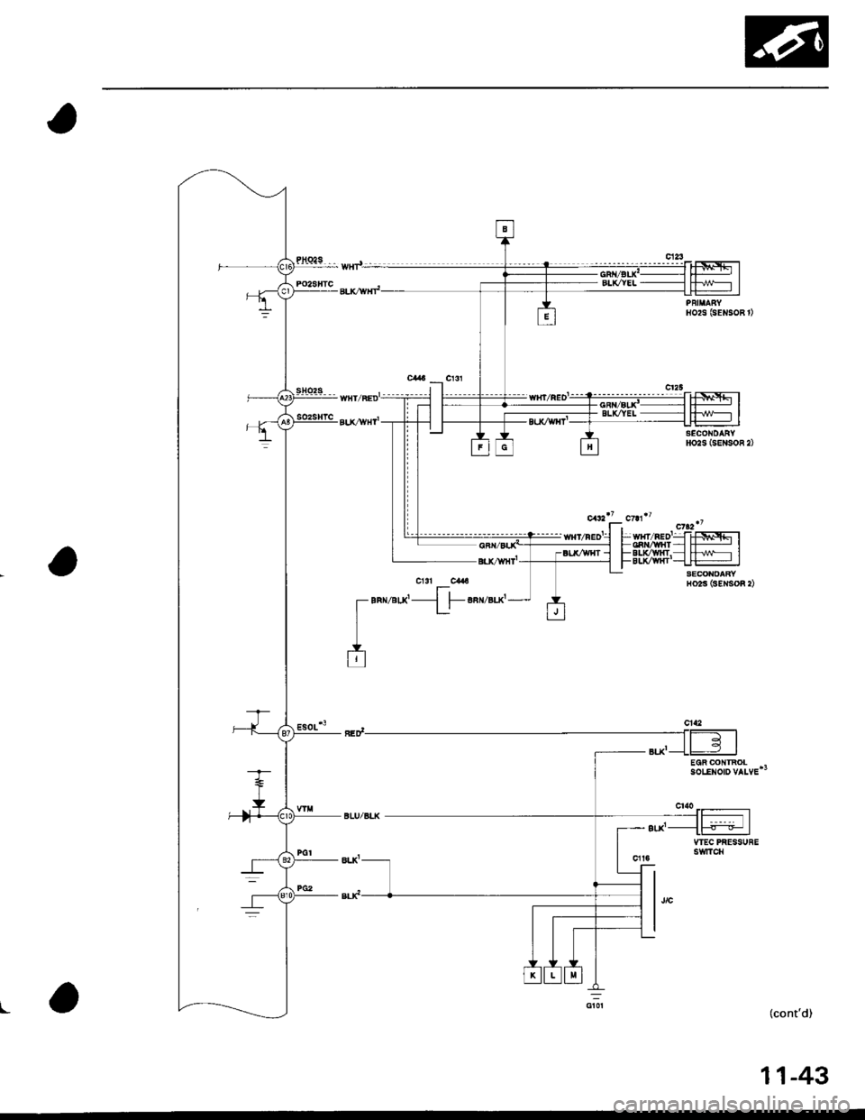 HONDA CIVIC 1998 6.G Service Manual llo2s (sENsoR t
SECONOARYHO2S (SENSOR 2)
I- wrrzneof15151FCA ,a[HT -] f- IFELWWHI.- FFi/v\^- IF ETJVWrfT--I l+ |
HO2S (gENSOR 2)
\-
11-43 