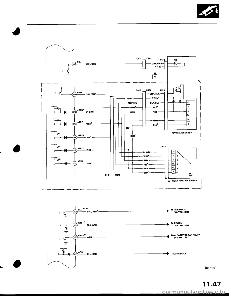 HONDA CIVIC 1998 6.G Workshop Manual "fI-L
ORN
YELiFx/
ILll
c!o4 crroqF /ELKT
lrcnf
RED
GiN
aLuT
wnnrd#"Si"*fi[*
BLU GR + " 35111o,- u",,
CnXr# F h MDIAOR FAr{ FELAY
I(contdl
At c€AR PO3tllOl{ SWlrCH
BLI,IREO + To A/C SwlICH
11-