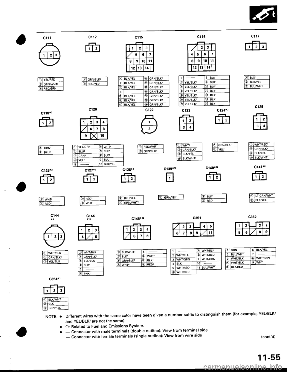 HONDA CIVIC 1999 6.G Workshop Manual c1t7
rffi]
fTBLir-llO BLX,YEI Il6lEtu^tHr__-l
c125
ffi
16lwrrin+o tliSlcFN/BLK I16T8LK^Er-- l
-.,IBaK,r /Hr. I
c141*
___l:t_
l-lrl
I  LT GRNA/VHT I
f€,]-BLK,rEf-__l
cl16c1t5cl11
c128.
ffi
161