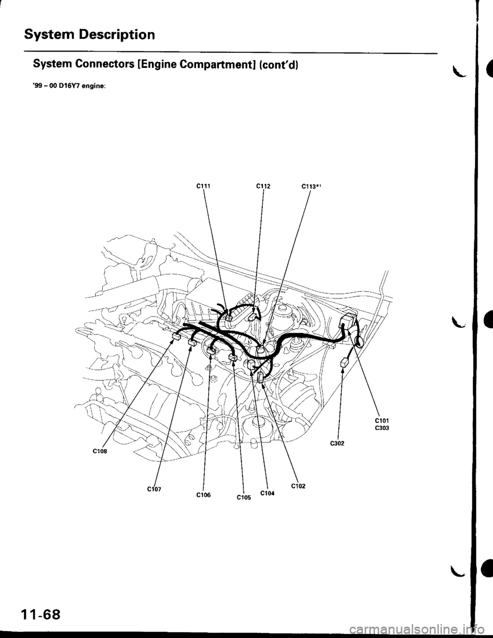 HONDA CIVIC 1996 6.G Owners Guide System Description
a
System Connectors lEngine Compartmentl (contdl
99 - 00 D16Y7 engine:
\
I
1 1-68
I 