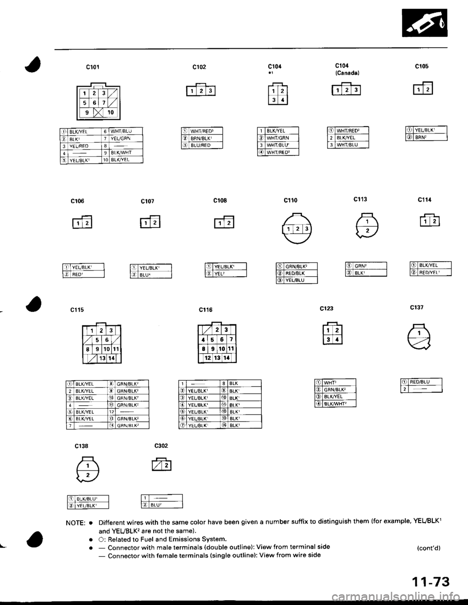 HONDA CIVIC 1996 6.G Workshop Manual c105
ffi
C10,1(Canadal
I rlz 3l
16lwHrsEo. -l
I2 BLK/YEL IftlwHri BLUIll
cl t3
D
c123
ffil3 4l
c104
l1 2l
l-f.l
c102
F1+..rl1 2 3l
fflwHnr€D" --.l
ItrERlxBLa__llo."llBurntotl-l
c101
C11il
ffi
c137