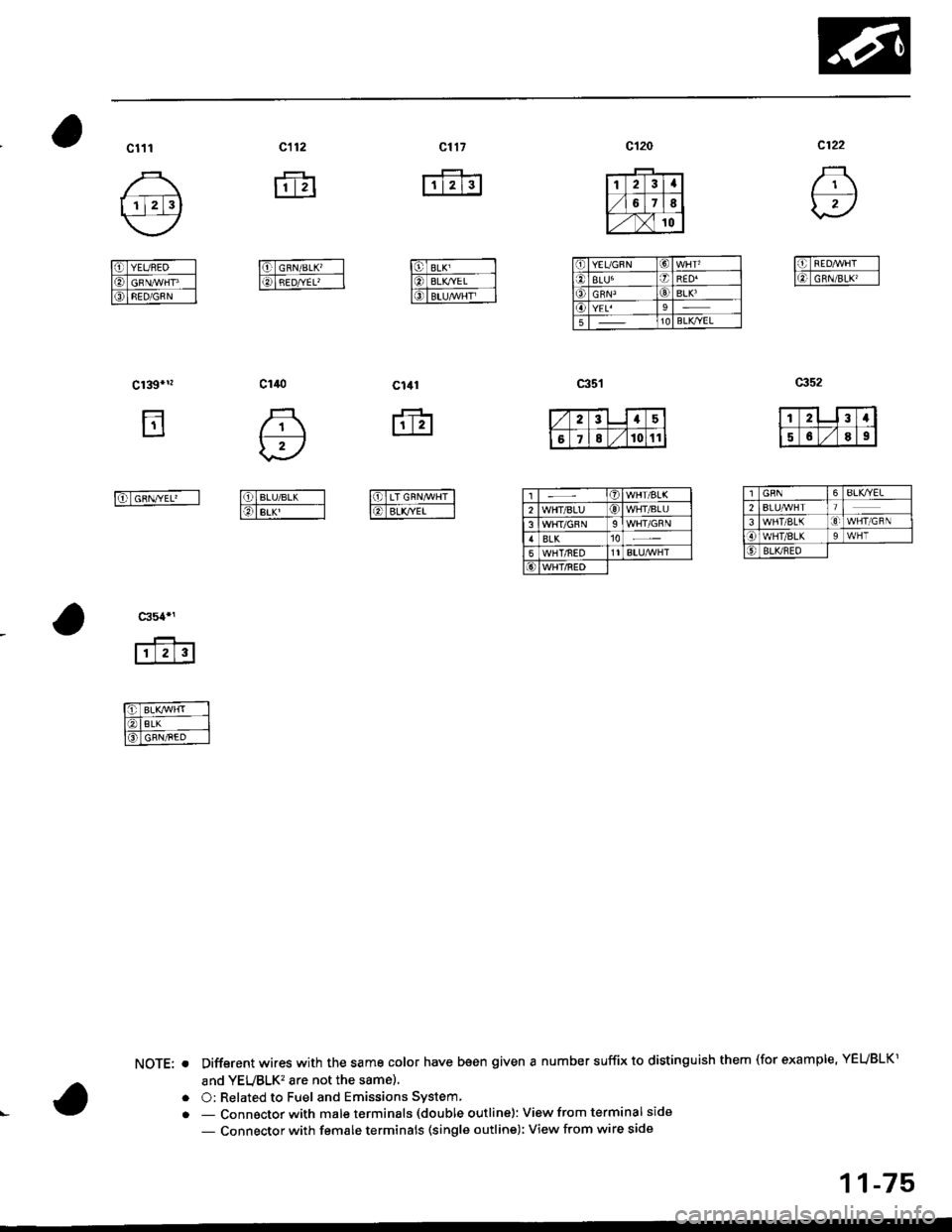 HONDA CIVIC 1999 6.G Owners Guide c122
A,g
l-ilneo*r,vHr__-ll[lcRNiBLitl]l
cl17
rtrTl
16lBLK,-__-llO BLX,\,E[ |
16l Btu/wil-
c112
ffi
Cliro
o
C111
ffi
l6l-ciN/YEL _-l
NOTE: . Different wires with the same color have been given a n