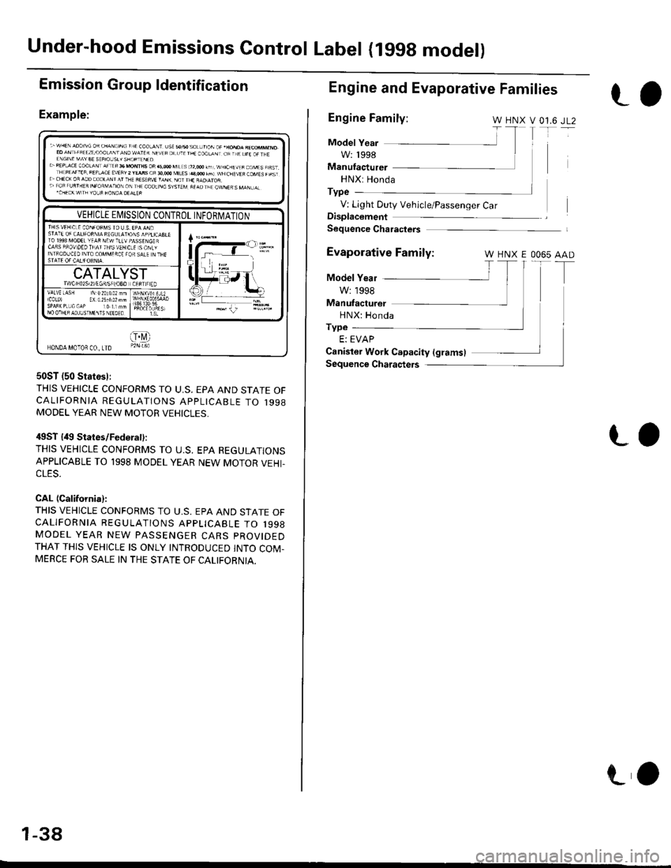 HONDA CIVIC 1998 6.G Workshop Manual Under-hood Emissions Control Label (lggg model)
Emission Group ldentification
Example:
50ST (50 Statosl:
THIS VEHICLE CONFORMS TO U,S. EPA AND STATE OFCALIFORNIA REGULATIONS APPLICABLE TO 1998MODEL YE HONDA CIVIC 1998 6.G Workshop Manual Under-hood Emissions Control Label (lggg model)
Emission Group ldentification
Example:
50ST (50 Statosl:
THIS VEHICLE CONFORMS TO U,S. EPA AND STATE OFCALIFORNIA REGULATIONS APPLICABLE TO 1998MODEL YE