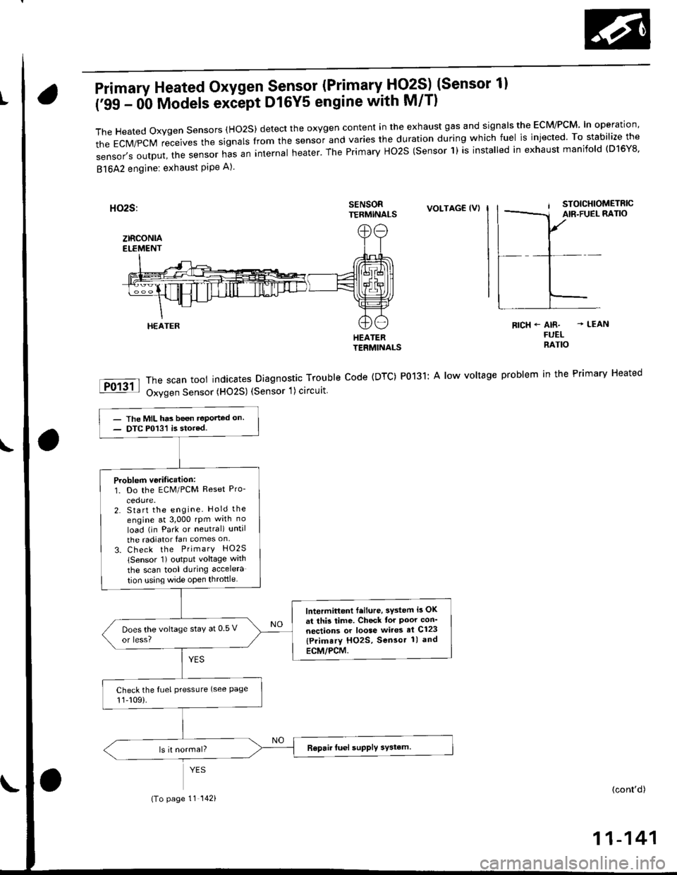HONDA CIVIC 1998 6.G Owners Manual Primary Heated Oxygen Sensor (Primary- Fjq?S) (Sensor 1l
(99 - 0b Models exiept D16Y5 engine with M/T)
TheHeatedoxygensensors(Ho2S)detecttheoxygencontentintheexhaustgasandsigna|stheEcM/PcM|noperatio