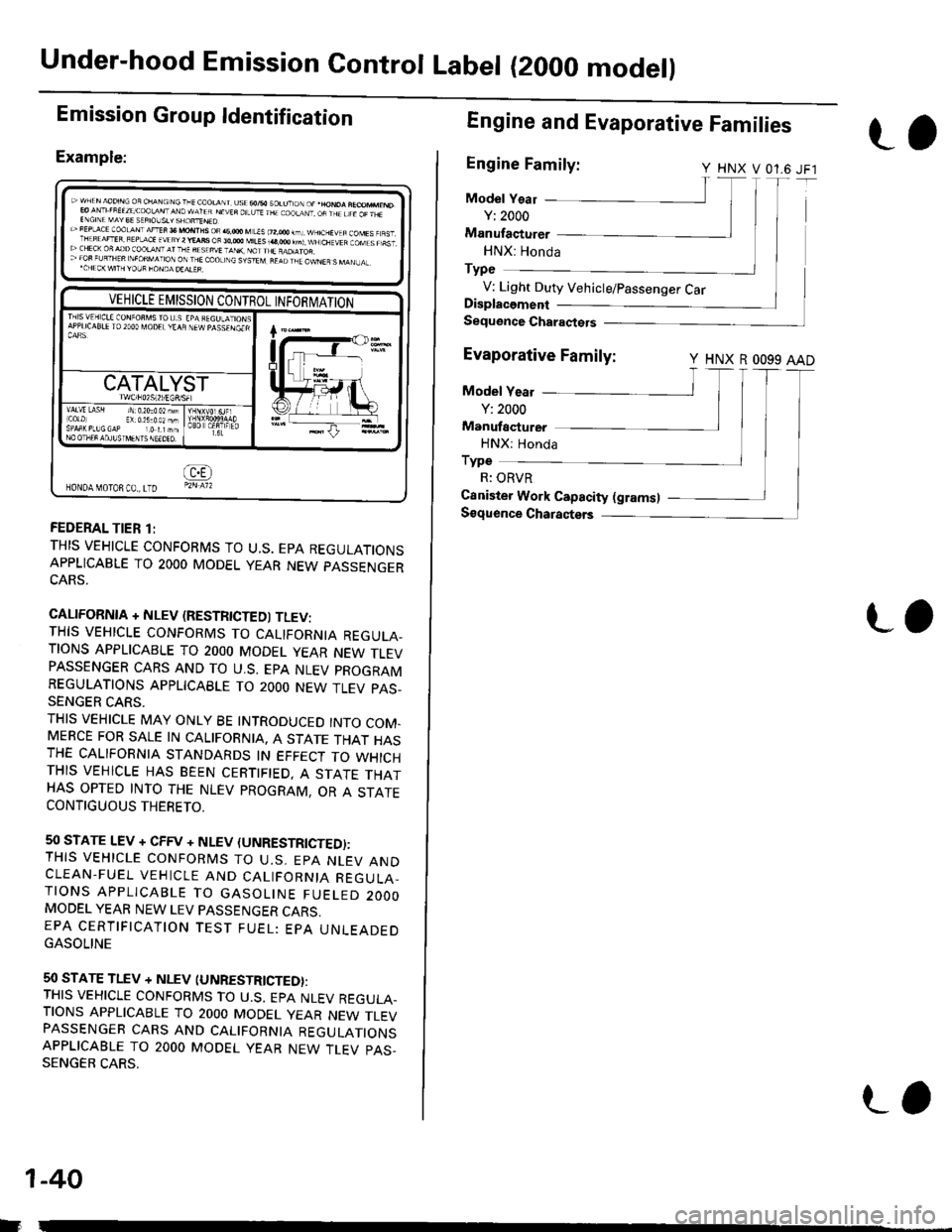 HONDA CIVIC 2000 6.G Workshop Manual Under-hood Emission Control Label (2000 model)
Emission Group ldentification
Example:
oRsMM|LESt4,0oorml,wtscN
VEHICLE EMISSION CONTROL INFOBI\4ATIONT8ISVEH CLE CONFOfiMS TO U,S EPA RECIJLATIONSAPPLI