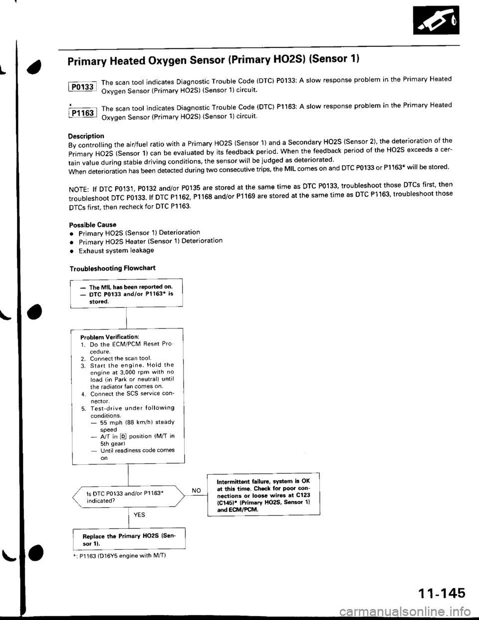 HONDA CIVIC 1999 6.G Owners Manual Primary Heated Oxygen Sensor (Primary HO2S) (Sensor 1l
The scan tool indicates Diagnostic Trouble Code (DTC) P0133: A slow response problem in the Primary Heated
Oxygen Sensor {Primary H02S) (Sensor 1