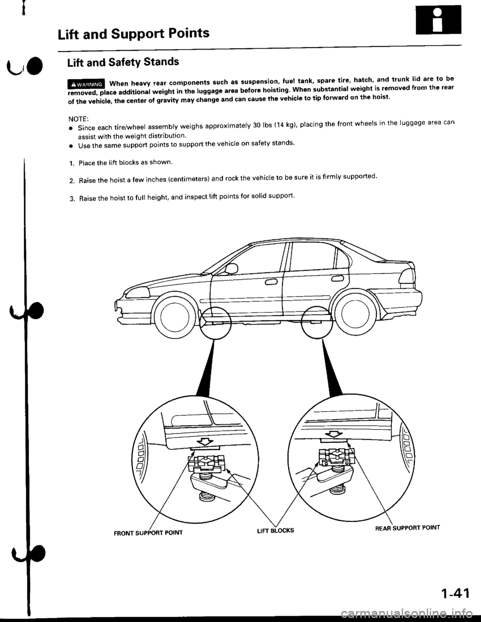 HONDA CIVIC 1996 6.G Workshop Manual Lift and SupPort Points
L,O
Lift and SafetY Stands
t!ffi when heavv rear components such as suspension fuel tank spare tire hatch and trunk lid are to be
-aEremoved, place additional wetght Inihe 