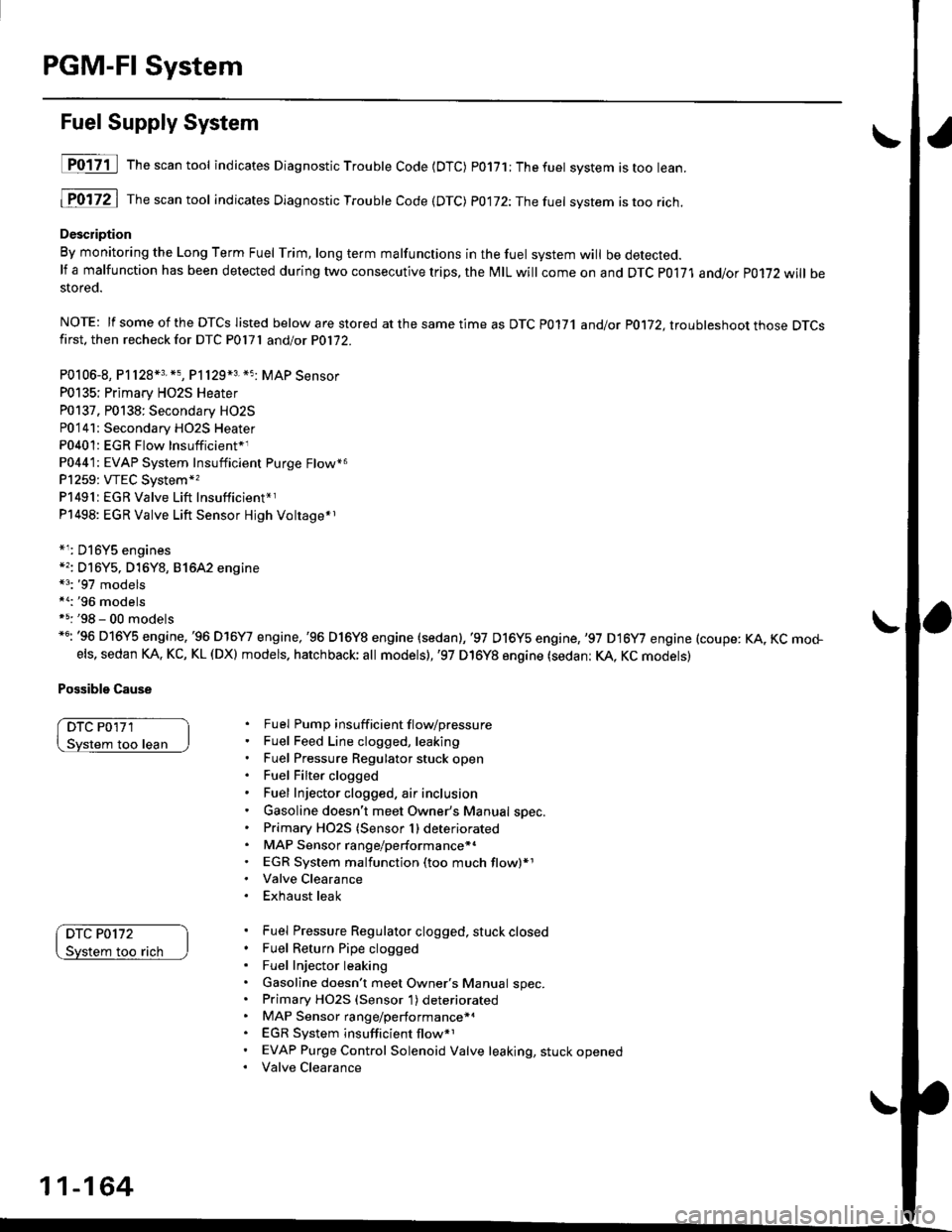 HONDA CIVIC 1996 6.G Owners Manual PGM-FI System
Fuel Supply System
D017-il Th""""ntool indicates Diagnostic Troubte Code {DTC) p0171;Thefuet system istoo lean.
1P0172 | fne scan tool indicates Dlagnostic Trouble Code (DTC) P0172:Thefu