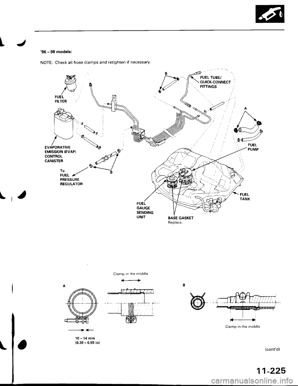 HONDA CIVIC 1998 6.G Workshop Manual I96 - 98 models:
NOTE: Check all hose clamps and retighten if necessarY.
M
/vFUELFILTER
PRESSUREREGULATOR
IFUELTANKFUELGAUGESENDINGUNITBASE GASKETReplace.
Clamp In rhe middle
@
Clamp in the middle
10