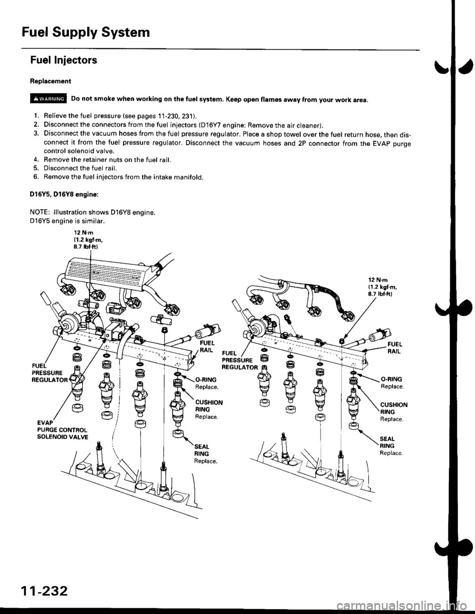 HONDA CIVIC 1996 6.G Service Manual Fuel Supply System
Fuel Injectors
Replacement
@ Do not smoke when working on the tuel systgm, Keep gp6n flames away from your work area
f. Relieve the fuel pressure (see pages 11-230,231J.
2. Disconn