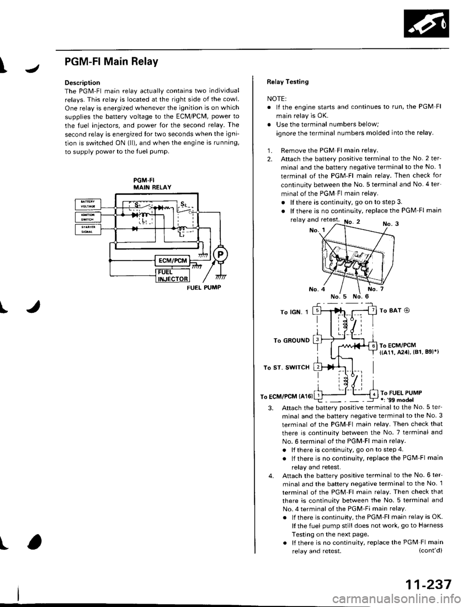 HONDA CIVIC 1998 6.G Workshop Manual I
PGM-FlMain Relay
Description
The PGM-Fl main relav actuallv contains two individual
relays. This relay is located at the right side of the cowl.
One relay is energized whenever the ignition is on wh HONDA CIVIC 1998 6.G Workshop Manual I
PGM-FlMain Relay
Description
The PGM-Fl main relav actuallv contains two individual
relays. This relay is located at the right side of the cowl.
One relay is energized whenever the ignition is on wh
