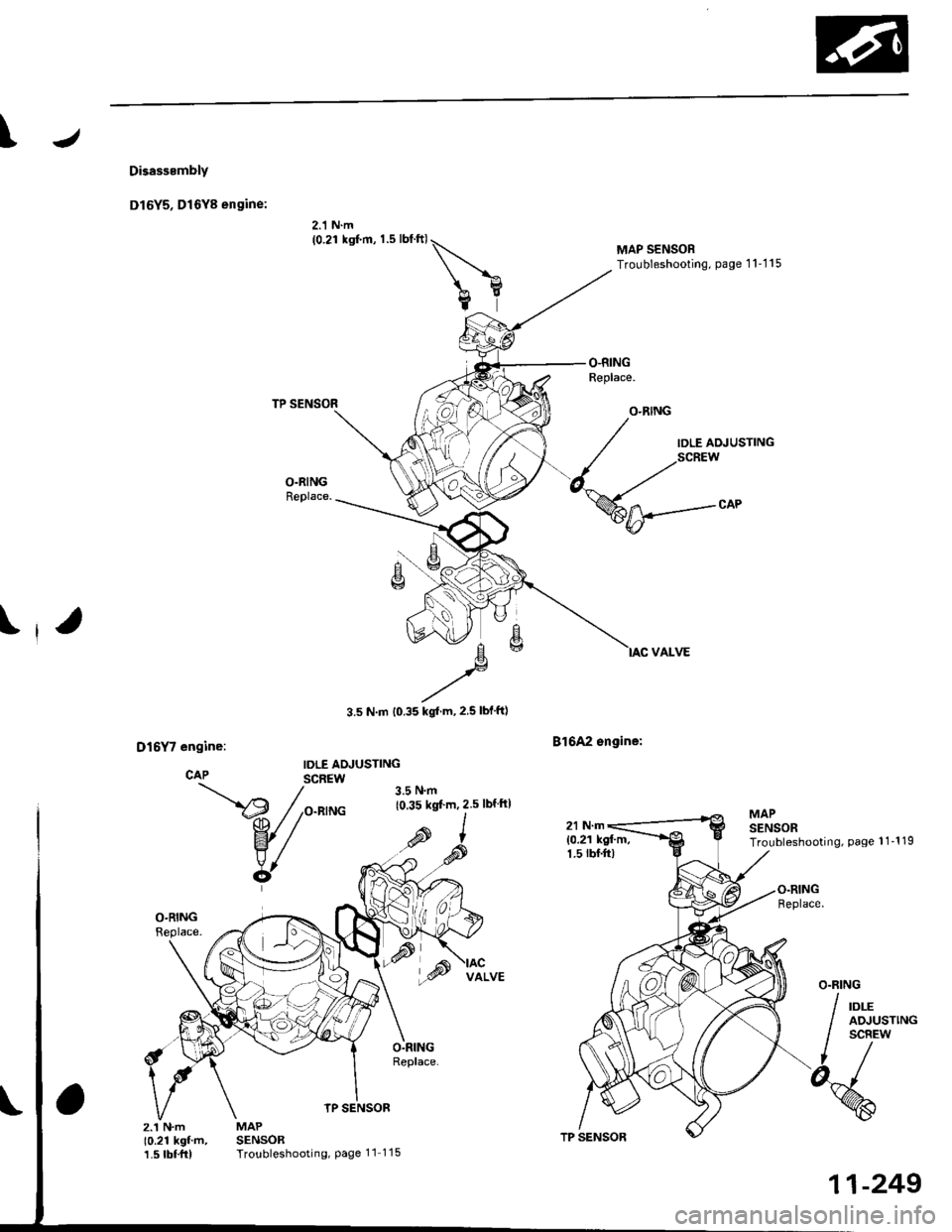 HONDA CIVIC 1997 6.G User Guide \
Disasssmbly
Dl6Y5, Dl6Y8 engine:
2.1 N.m(0.21 ksf.m, 1.5 lblftl\
bY
TP SENSOR
MAPSENSORTroubleshooting, Page 11 115
3.5 N.m t0.35 kgl m,2.5 lblftl
B16A2 sngine:
MAP SENSORTroubleshooting, page 1 11