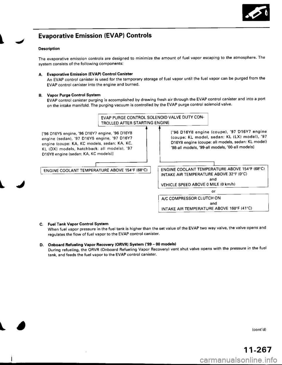 HONDA CIVIC 1996 6.G Owners Manual 1\
Evaporative Emission (EVAPI Controls
Description
The evaporative emission controls are designed to minimize the amount of fuel vapor escaping to the atmosphere. The
system consists of the foliowing