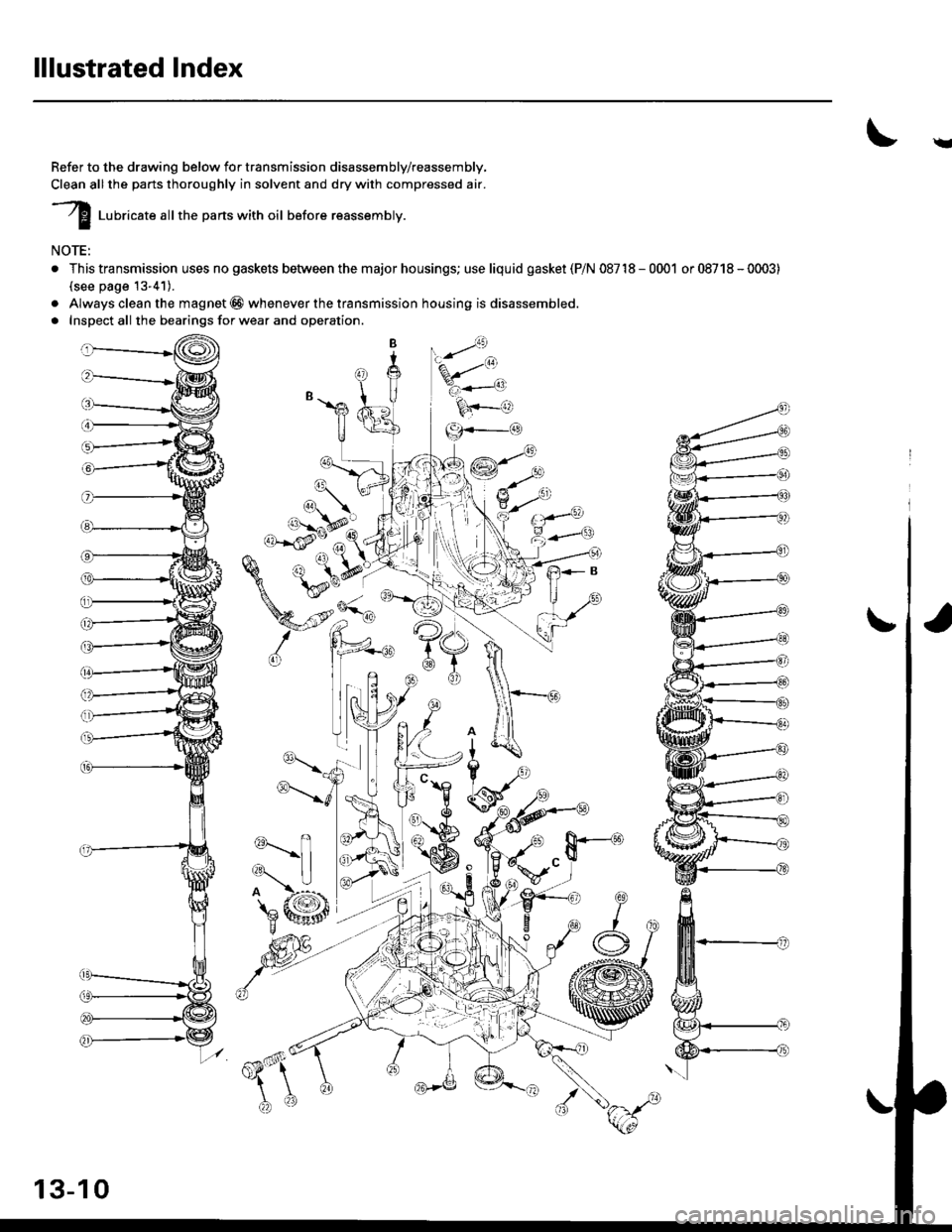 HONDA CIVIC 2000 6.G Workshop Manual lllustrated lndex
!
Refer to the drawing below for transmission disassembly/reassembly,
Clean all the parts thoroughly in solvent and dry with compressed air.
I luuricate attthe parts with oil before HONDA CIVIC 2000 6.G Workshop Manual lllustrated lndex
!
Refer to the drawing below for transmission disassembly/reassembly,
Clean all the parts thoroughly in solvent and dry with compressed air.
I luuricate attthe parts with oil before