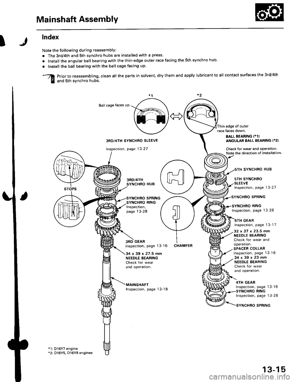 HONDA CIVIC 1998 6.G Workshop Manual Mainshaft Assembly
I
lndex
Note the following during reassembly:
. The 3rd/4th and sth svnchro hubs are installed with a press
. Install the angular ball bearing with the thin-edge outer race facing t HONDA CIVIC 1998 6.G Workshop Manual Mainshaft Assembly
I
lndex
Note the following during reassembly:
. The 3rd/4th and sth svnchro hubs are installed with a press
. Install the angular ball bearing with the thin-edge outer race facing t