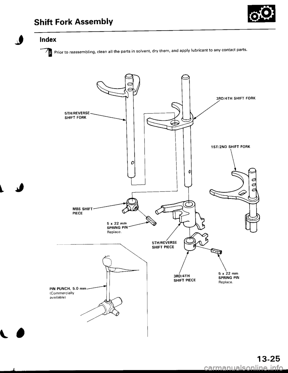 HONDA CIVIC 1999 6.G Workshop Manual Shift Fork AssemblY
lndex
I
I erio, ,o reassembling, clean all the parts in solvent, dry them, and apply lubricant to any contact parts
3RD/4TH SHIFT FORK
5THi REVERSESHIFT FORK
5TH/REVERSESHIFT PIEC HONDA CIVIC 1999 6.G Workshop Manual Shift Fork AssemblY
lndex
I
I erio, ,o reassembling, clean all the parts in solvent, dry them, and apply lubricant to any contact parts
3RD/4TH SHIFT FORK
5THi REVERSESHIFT FORK
5TH/REVERSESHIFT PIEC
