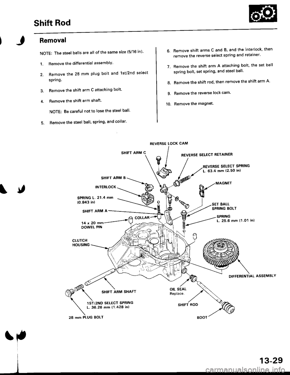 HONDA CIVIC 2000 6.G Workshop Manual Shift Rod
Removal
NOTE: The steel batlsareall of the same size (5/16 in)
1. Remove the differential assembly
2. Remove the 28 mm plug bolt and lst/2nd select
spring.
3. Remove the shift arm C attach HONDA CIVIC 2000 6.G Workshop Manual Shift Rod
Removal
NOTE: The steel batlsareall of the same size (5/16 in)
1. Remove the differential assembly
2. Remove the 28 mm plug bolt and lst/2nd select
spring.
3. Remove the shift arm C attach