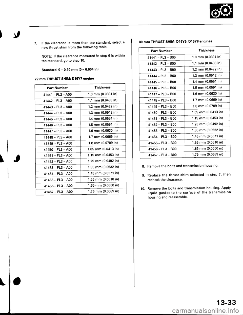 HONDA CIVIC 1998 6.G Workshop Manual 7. lf the clearance is more than the standard, select a
new thrust shim from the following table
NOTE: It the clearance measured in step 6 is within
the standard. go to step 10.
Standard: 0 - 0.10 mm HONDA CIVIC 1998 6.G Workshop Manual 7. lf the clearance is more than the standard, select a
new thrust shim from the following table
NOTE: It the clearance measured in step 6 is within
the standard. go to step 10.
Standard: 0 - 0.10 mm