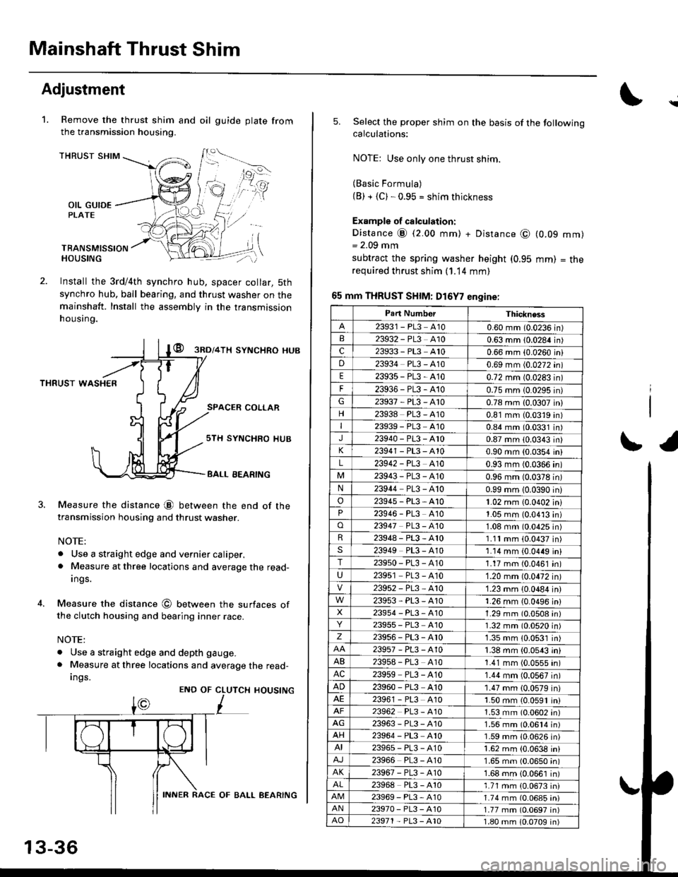 HONDA CIVIC 1998 6.G Owners Manual Mainshaft Thrust Shim
Adjustment
Remove the thrust shim and oil
the transmission housing.
1.gu ide plate from
THRUST SHIM
OIL GUIDEPLATE
TBANSMISSIONHOUSING
Install the 3rd/4th synchro hub, spacer col HONDA CIVIC 1998 6.G Owners Manual Mainshaft Thrust Shim
Adjustment
Remove the thrust shim and oil
the transmission housing.
1.gu ide plate from
THRUST SHIM
OIL GUIDEPLATE
TBANSMISSIONHOUSING
Install the 3rd/4th synchro hub, spacer col