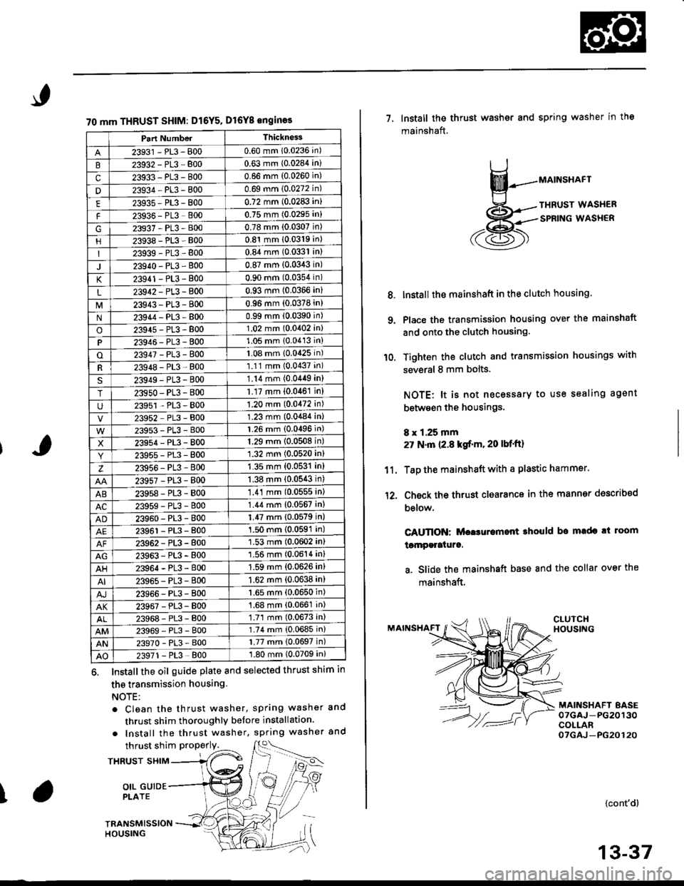 HONDA CIVIC 1997 6.G Workshop Manual 70 mm THRUST SHIM: Dl6Y5, Dl6Y8 engin€s
Part NumberThickness
23931 - PL3 - 8000.60 mm 10.0236 in)
23932-PL3-8000.63 mm (0.0284 in)
c23933-PL3-8000.66 mm (0.0260 in)
D23334-PL3-8000.69 mm 10.0272 in) HONDA CIVIC 1997 6.G Workshop Manual 70 mm THRUST SHIM: Dl6Y5, Dl6Y8 engin€s
Part NumberThickness
23931 - PL3 - 8000.60 mm 10.0236 in)
23932-PL3-8000.63 mm (0.0284 in)
c23933-PL3-8000.66 mm (0.0260 in)
D23334-PL3-8000.69 mm 10.0272 in)