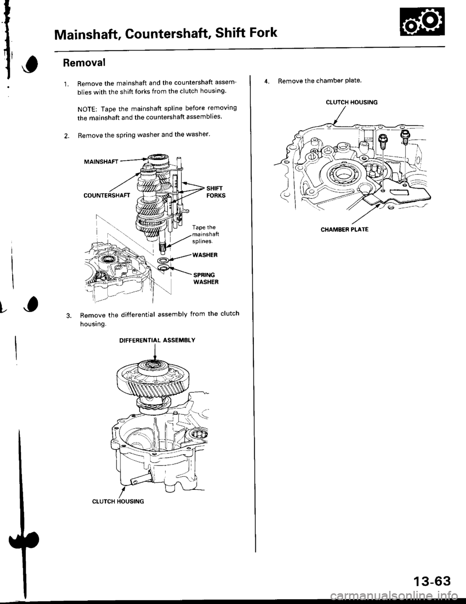 HONDA CIVIC 1999 6.G Workshop Manual Mainshaft, Countershaft, Shift Fork
Removal
1.Remove the mainshaft and the countershaft assem-
blies with the shift forks from the clutch housing.
NOTE: Tape the mainshaft spline before removing
the m