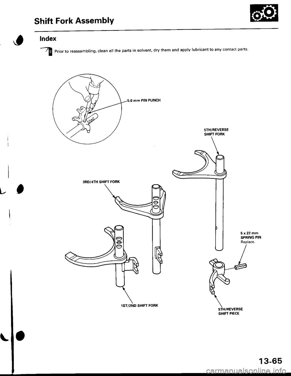 HONDA CIVIC 1999 6.G Workshop Manual Shift Fork AssemblY
lndex
-A erior ro reassemblinq. clean all the parts in solvent, dry them and apply lubricant to any contact pans
I
mm PIN PUNCH
sTH/REVERSESI{IFT FORK
3RD/4TH SHIFT FORK 