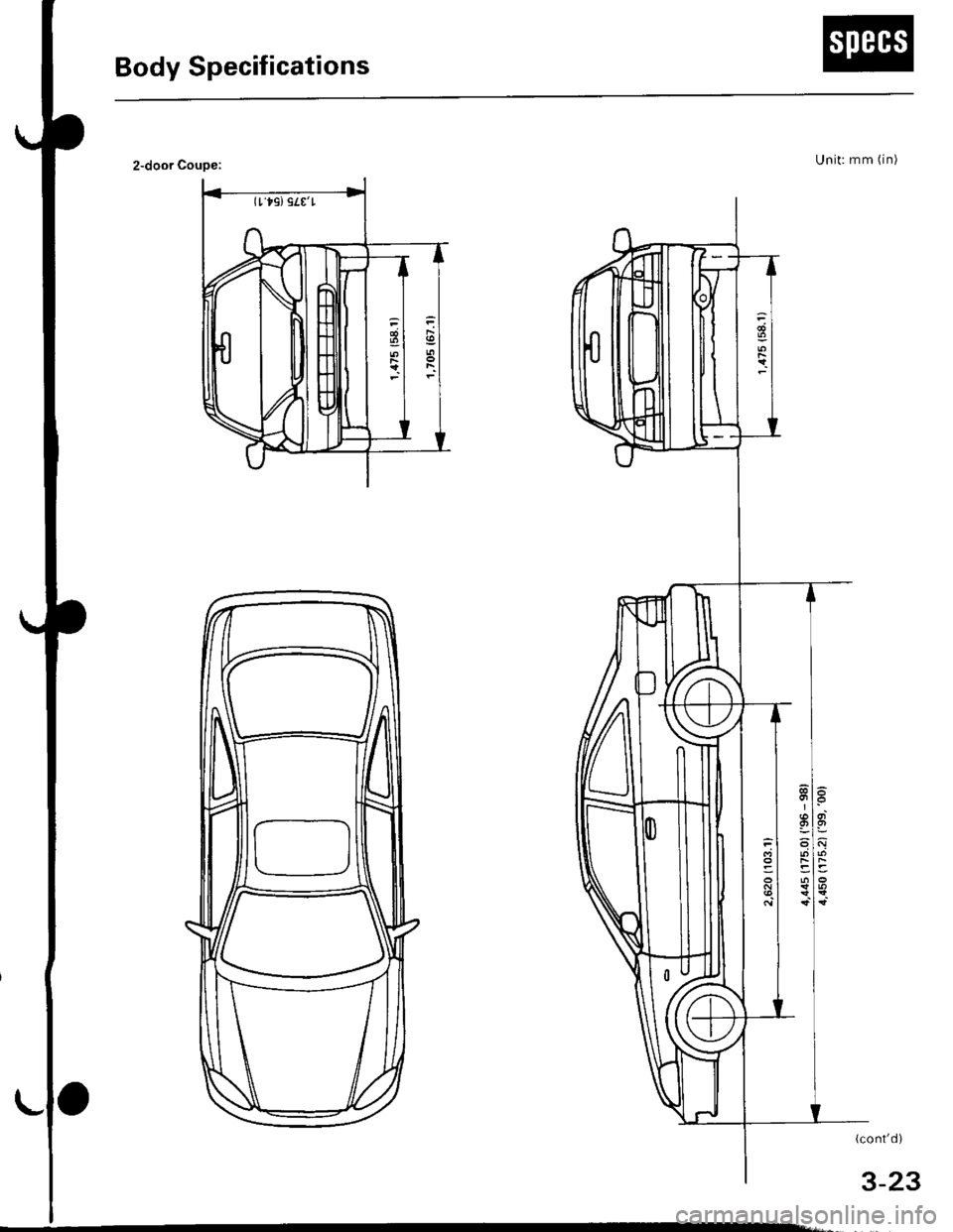 HONDA CIVIC 1999 6.G Repair Manual Body Specifications
Unit: mm (in)2-door Coupe:
lt t9) gttt 