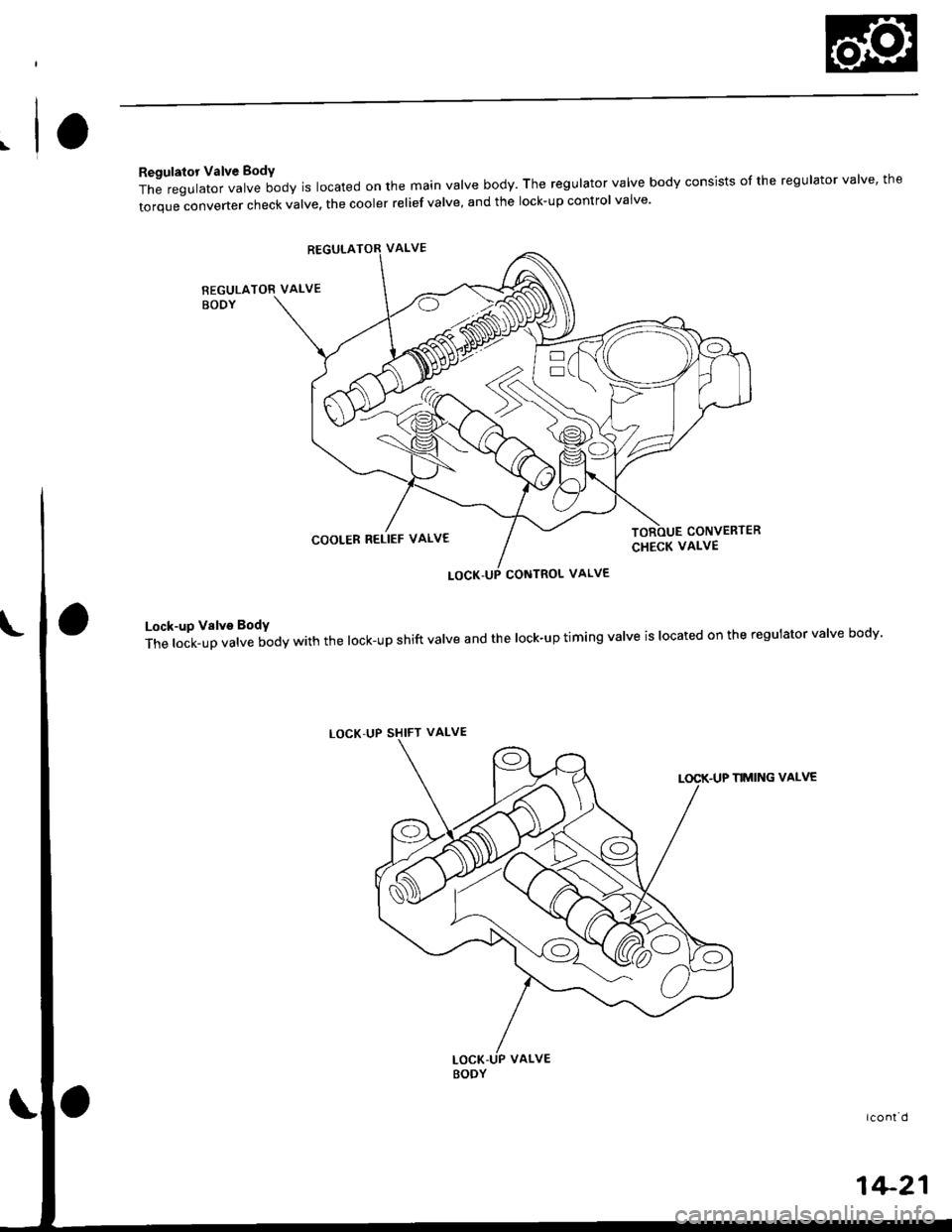 HONDA CIVIC 1998 6.G Workshop Manual \
Regulator Valve BodY
The regulator valve body is located on the main valve body. The regulator valve body consists of the regulator valve the
torque-converter check valve, the cooler relief valve, 