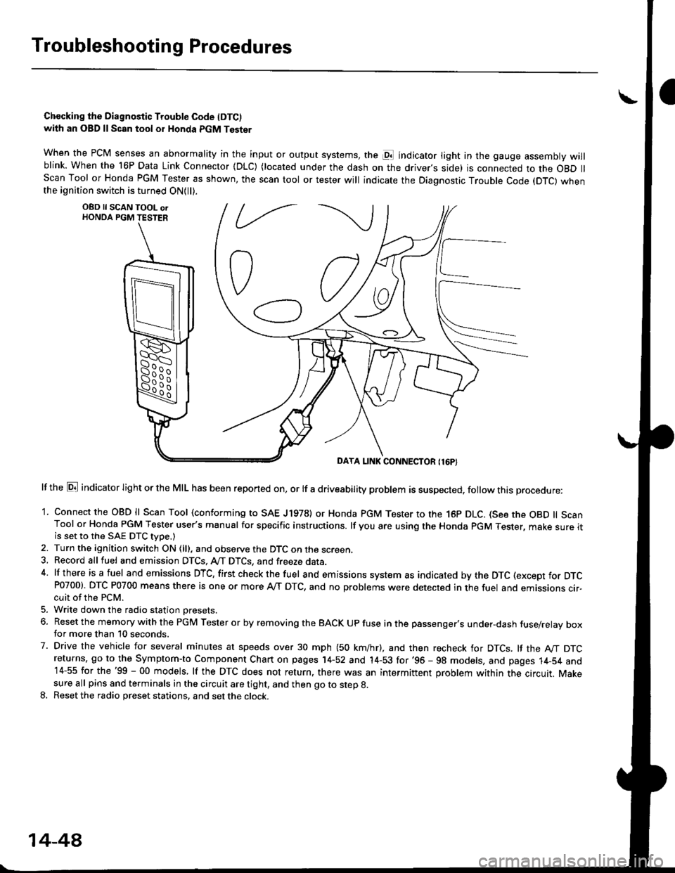 HONDA CIVIC 1996 6.G Owners Manual Troubleshootin g Procedures
Chccking the Diagnostic Trouble Code IDTC)with an OBD ll Scan tool or Honda PGM Tester
when the PCM senses an abnormality in the input or output systems, the pl indicator l