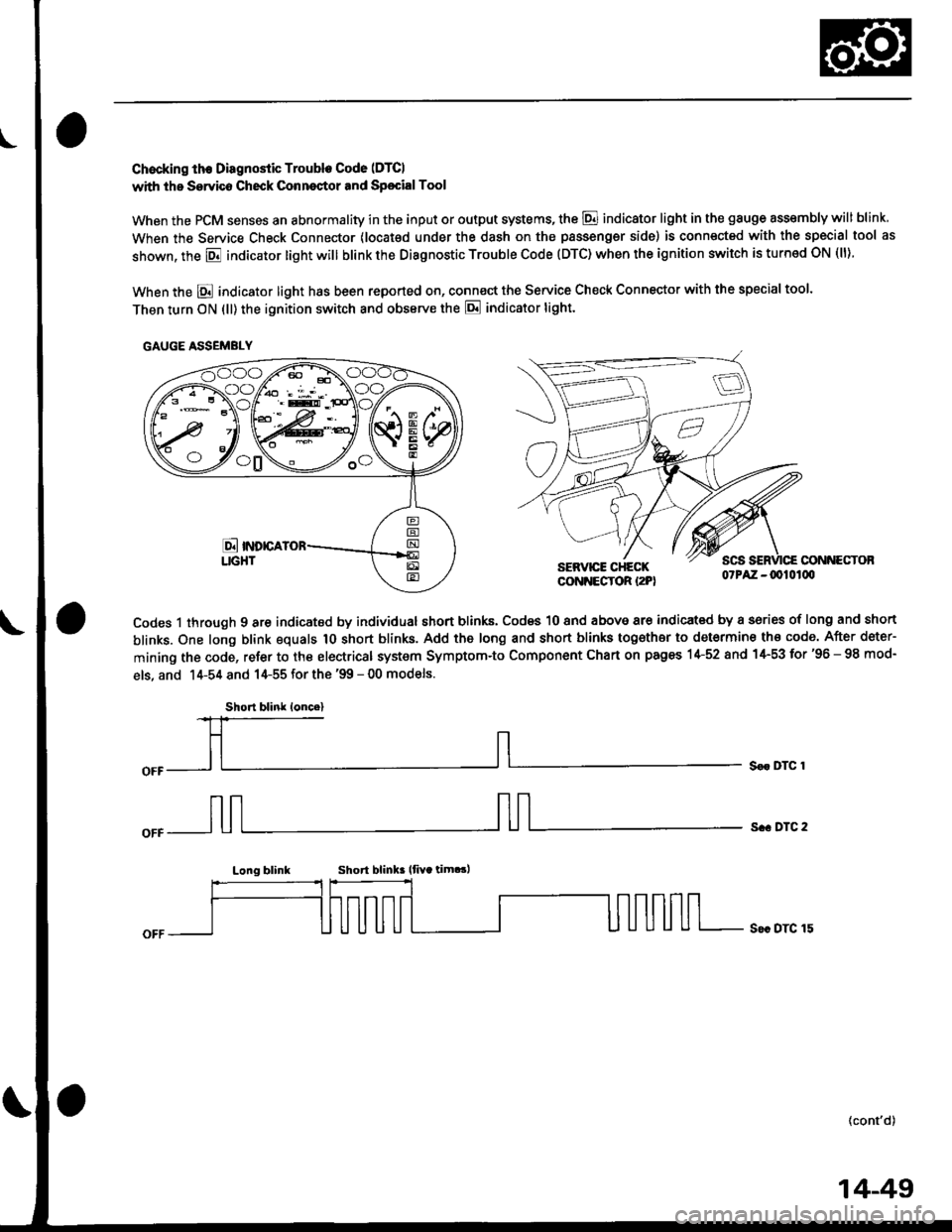 HONDA CIVIC 1998 6.G Manual PDF Chocking th€ Diagnostic Trouble Code (DTCI
with the Servico Check Conneqtor and Sp€cialTool
When the PCM senses an abnormality in the input or output systems, the @ indicator light in the gauge as HONDA CIVIC 1998 6.G Manual PDF Chocking th€ Diagnostic Trouble Code (DTCI
with the Servico Check Conneqtor and Sp€cialTool
When the PCM senses an abnormality in the input or output systems, the @ indicator light in the gauge as