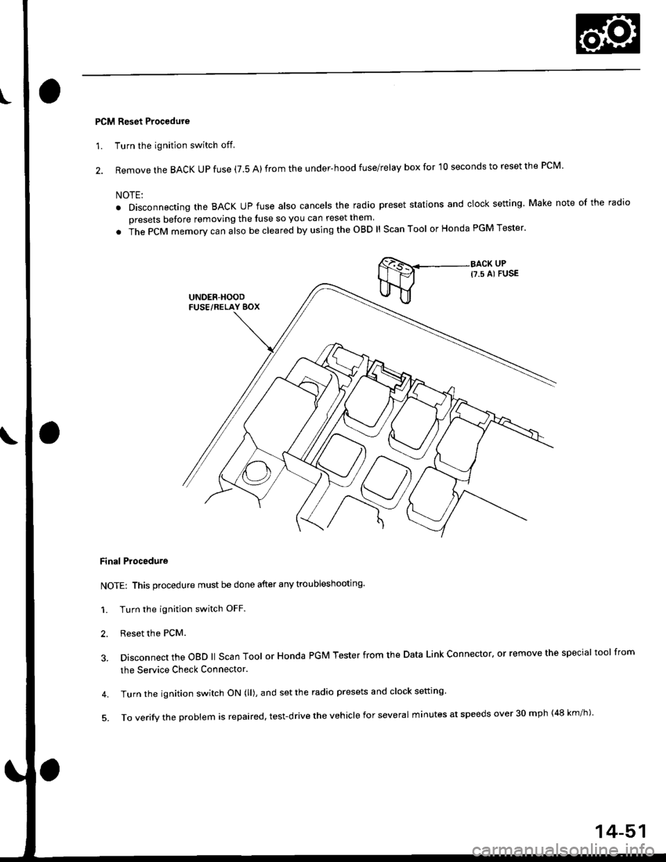 HONDA CIVIC 1996 6.G Workshop Manual PCM Reset Procedure
1. Turn the ignition switch off.
2. Remove the BACK UP fuse (7.5 A) from the under-hood fuse/relay box for 10 seconds to reset the PCM
NOTE:
. Disconnecting the BACK UP fuse also HONDA CIVIC 1996 6.G Workshop Manual PCM Reset Procedure
1. Turn the ignition switch off.
2. Remove the BACK UP fuse (7.5 A) from the under-hood fuse/relay box for 10 seconds to reset the PCM
NOTE:
. Disconnecting the BACK UP fuse also