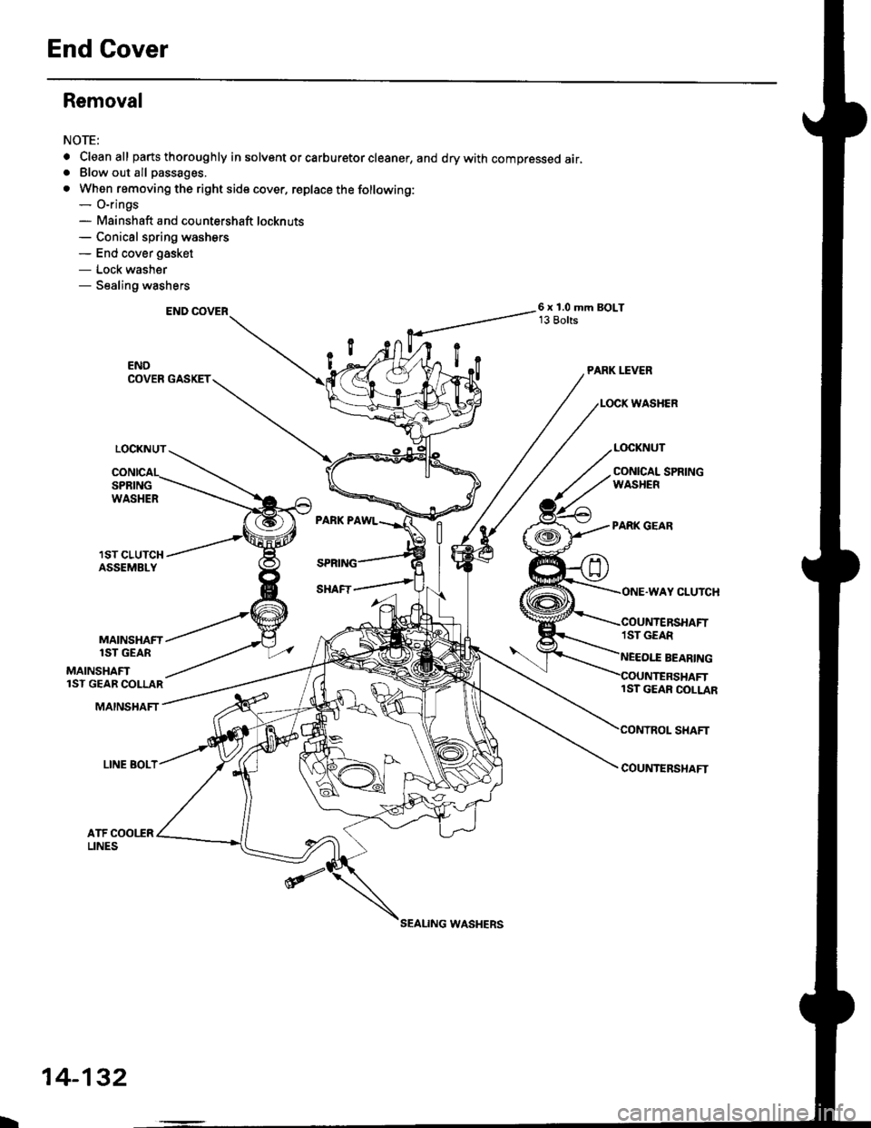 HONDA CIVIC 1999 6.G Workshop Manual End Cover
Removal
NOTE:
. Cleanall parts thoroughly in solvent or carburetor cleaner, and drywith compressed air,. Blow out all passages,
. When removing the right side cover, replace the following:- HONDA CIVIC 1999 6.G Workshop Manual End Cover
Removal
NOTE:
. Cleanall parts thoroughly in solvent or carburetor cleaner, and drywith compressed air,. Blow out all passages,
. When removing the right side cover, replace the following:-