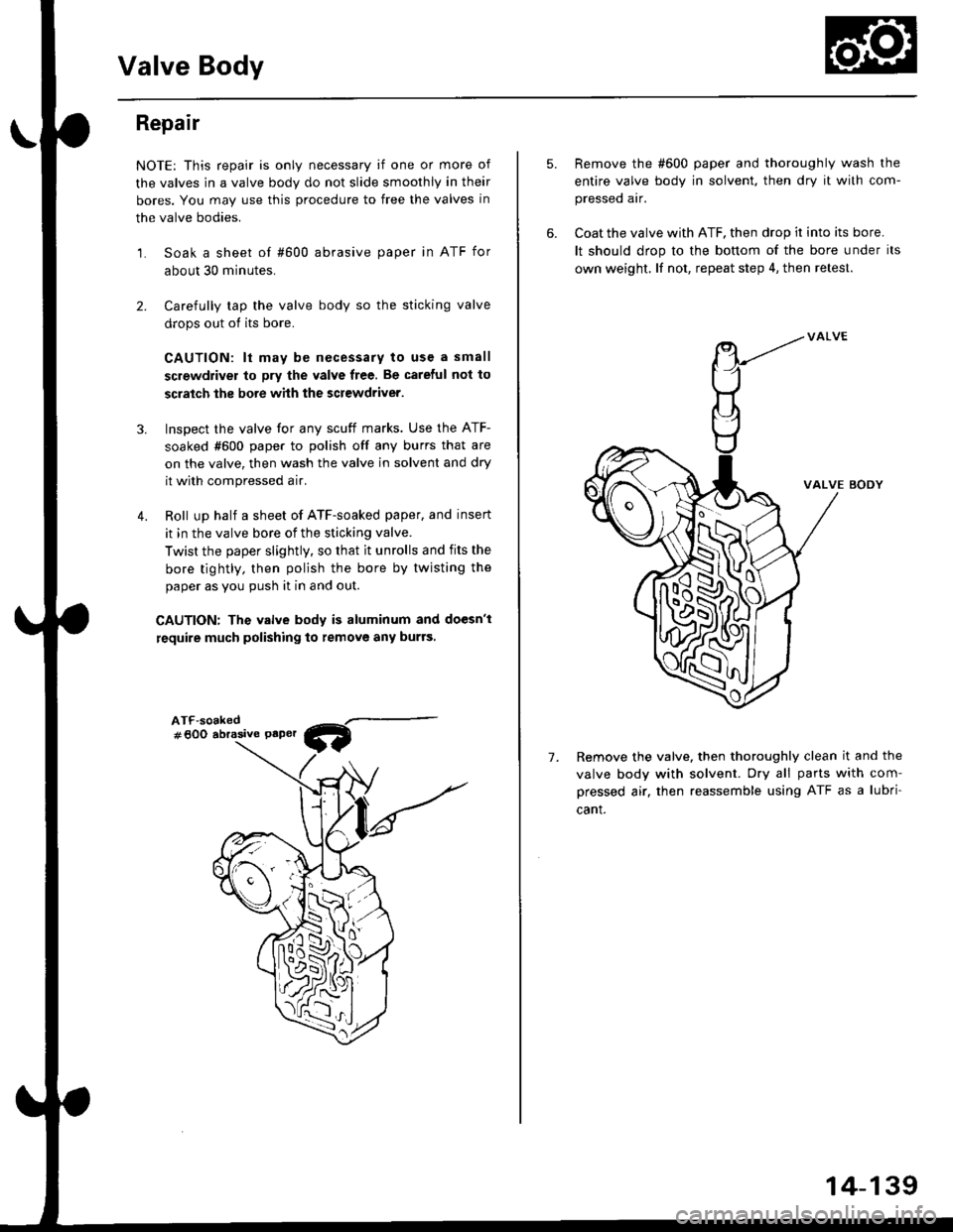 HONDA CIVIC 1996 6.G Workshop Manual Valve Body
2.
Repair
NOTE: This repair is only necessary if one or more of
the valves in a valve body do not slide smoothly in their
bores. You may use this procedure to free the valves in
the valve b