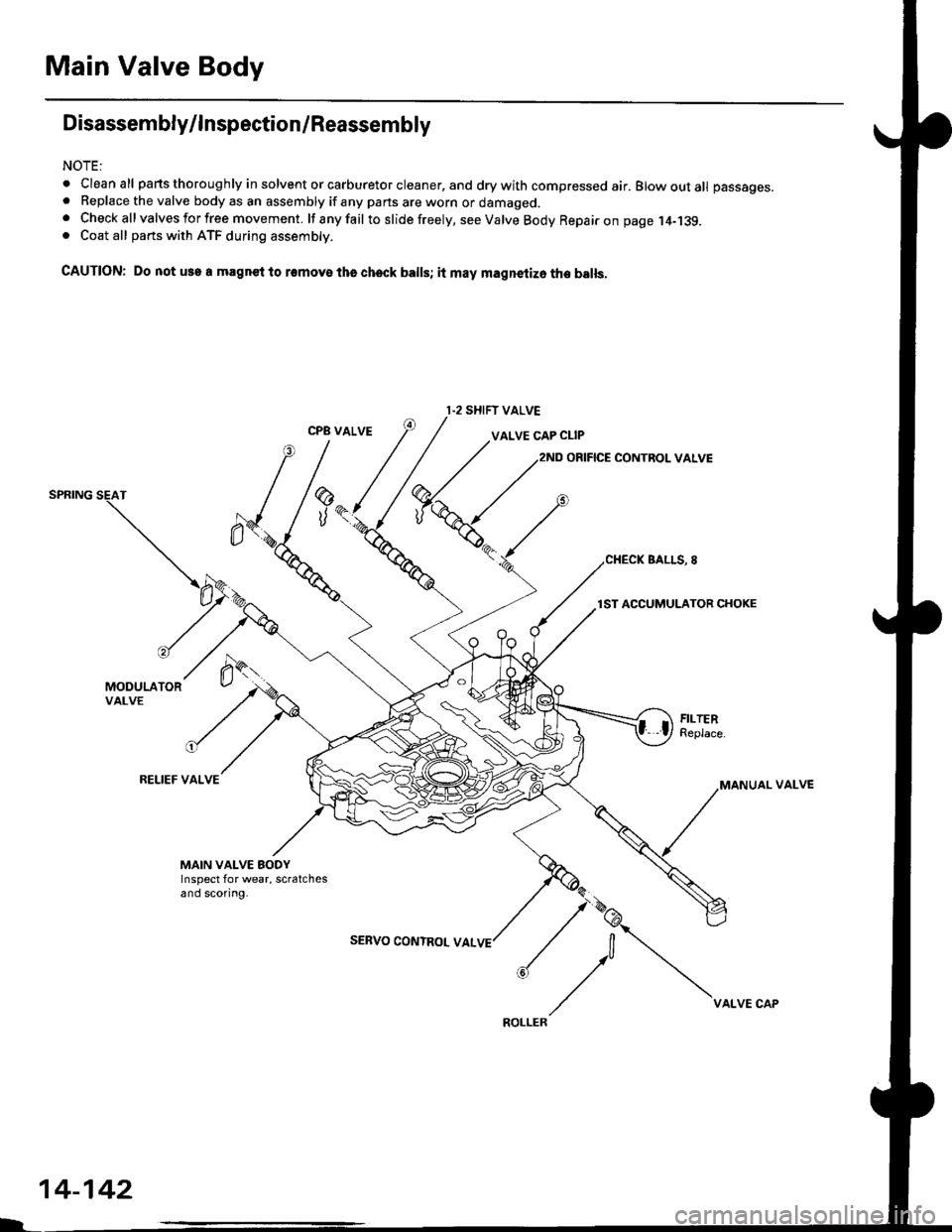 HONDA CIVIC 1999 6.G Workshop Manual Main Valve Body
Disassembly/lnspection/Reassembly
NOTE:
. Cleanall parts thoroughly in solvent or carburetor cleaner, and drywith compressed air. Blowoutall passages.. Replace the valve body as an ass HONDA CIVIC 1999 6.G Workshop Manual Main Valve Body
Disassembly/lnspection/Reassembly
NOTE:
. Cleanall parts thoroughly in solvent or carburetor cleaner, and drywith compressed air. Blowoutall passages.. Replace the valve body as an ass