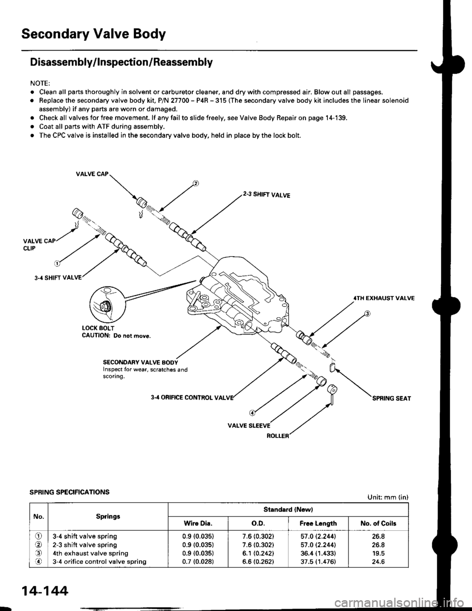 HONDA CIVIC 1999 6.G Owners Manual Secondary Valve Body
Disassembly/lnspection/Reassembly
NOTE:
. Cleanall parts thoroughly in solvent or carburetor cleaner. and drywith compressed air, Blowoutall passages.
. Replace the secondary valv HONDA CIVIC 1999 6.G Owners Manual Secondary Valve Body
Disassembly/lnspection/Reassembly
NOTE:
. Cleanall parts thoroughly in solvent or carburetor cleaner. and drywith compressed air, Blowoutall passages.
. Replace the secondary valv