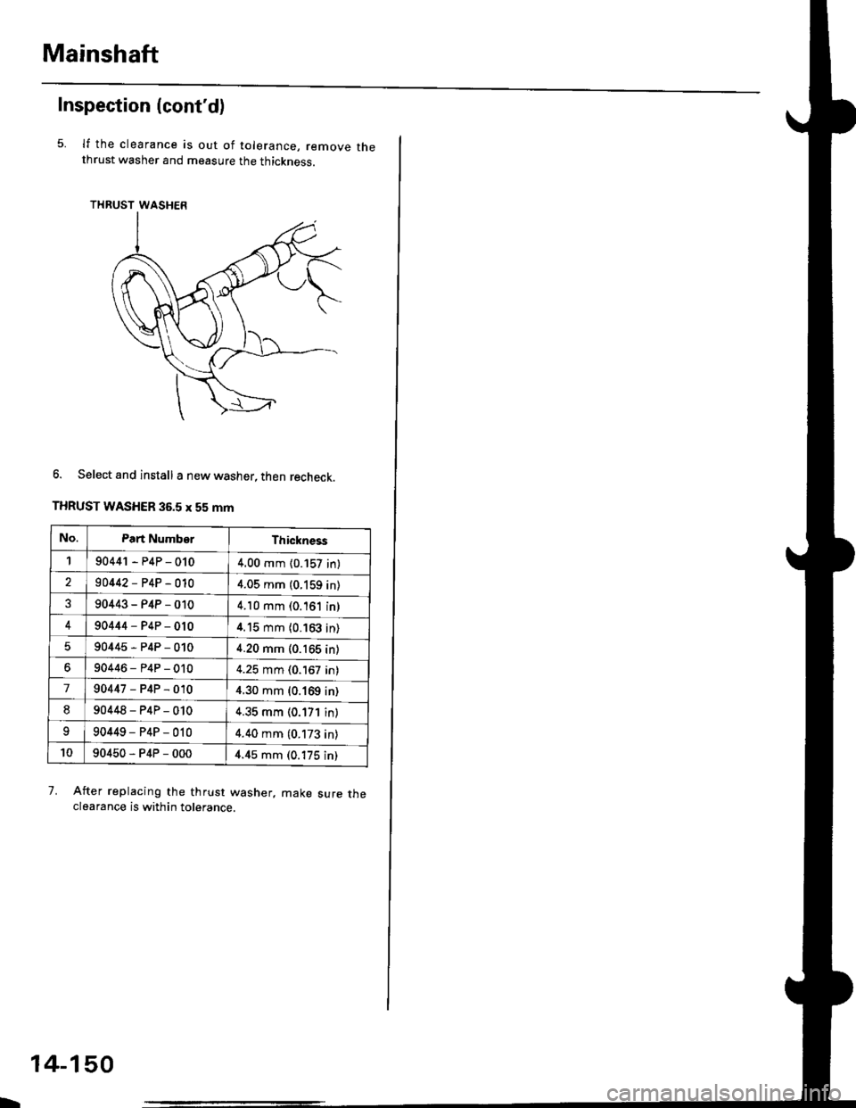 HONDA CIVIC 1997 6.G Workshop Manual Mainshaft
Inspection (contd)
5.lf the clearance is out of tolerance, remove thethrust washer and measure the thickness.
THRUST WASHER
6. Select and install a new washer, then recheck.
THRUST WASHER 3 HONDA CIVIC 1997 6.G Workshop Manual Mainshaft
Inspection (contd)
5.lf the clearance is out of tolerance, remove thethrust washer and measure the thickness.
THRUST WASHER
6. Select and install a new washer, then recheck.
THRUST WASHER 3
