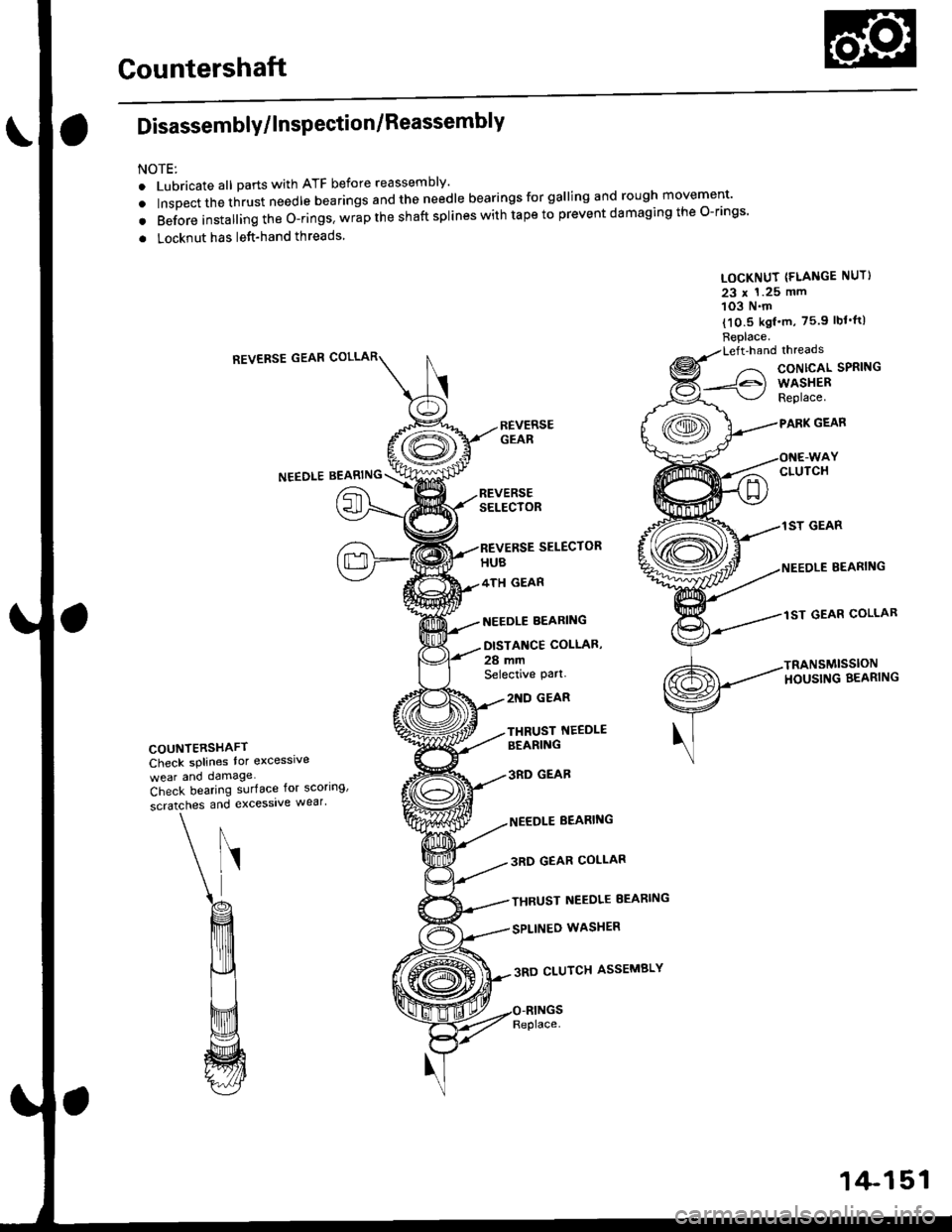 HONDA CIVIC 1998 6.G Workshop Manual Countershaft
Disassembly/lnspection/Reassembly
NOTE:
. Lubricate all parts with ATF before reassembly
. tnrp"",,n",t -"t needle bearings and the needle bearings for galling and rough movement
. Befo HONDA CIVIC 1998 6.G Workshop Manual Countershaft
Disassembly/lnspection/Reassembly
NOTE:
. Lubricate all parts with ATF before reassembly
. tnrp"",,n",t -"t needle bearings and the needle bearings for galling and rough movement
. Befo