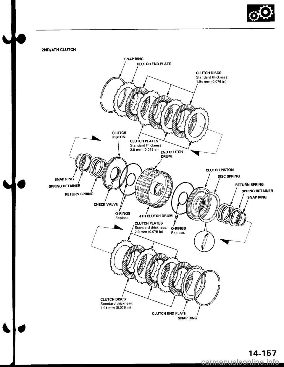 HONDA CIVIC 1999 6.G Workshop Manual SNAP RING
2NDi4TH CLUTCH
SNAP RING
SPRING RETAINER
RETURN SPRING
DISC SPRING
CHECK VALVE
O.RINGSReplace.4TH CLUTCH DRUM
CLUTCH PISTON
CLUTCH PLATESStandardthickness: O-RINGS2.0 mm {0.079 in) Replace.
