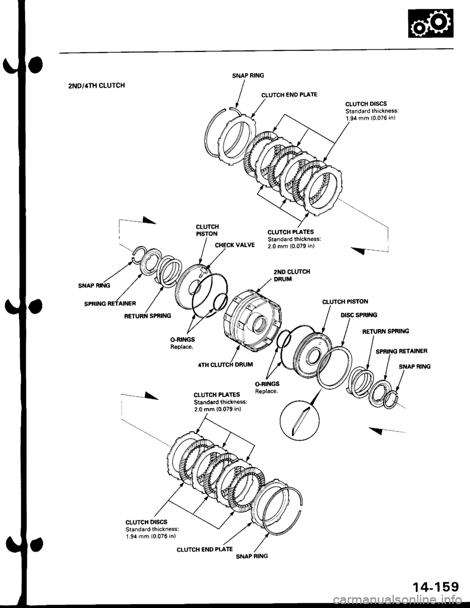 HONDA CIVIC 1997 6.G Service Manual SNAP RING
2ND/4TH CLUTCH
VALVE2.0 mm (0.079 in)
2ND CLUTCHDRUM
CLUTCH PISTON
RETURN SPRING
\l-.
CLUTCHPISTON
RETURN SPRING
SNAP RING
14-159 