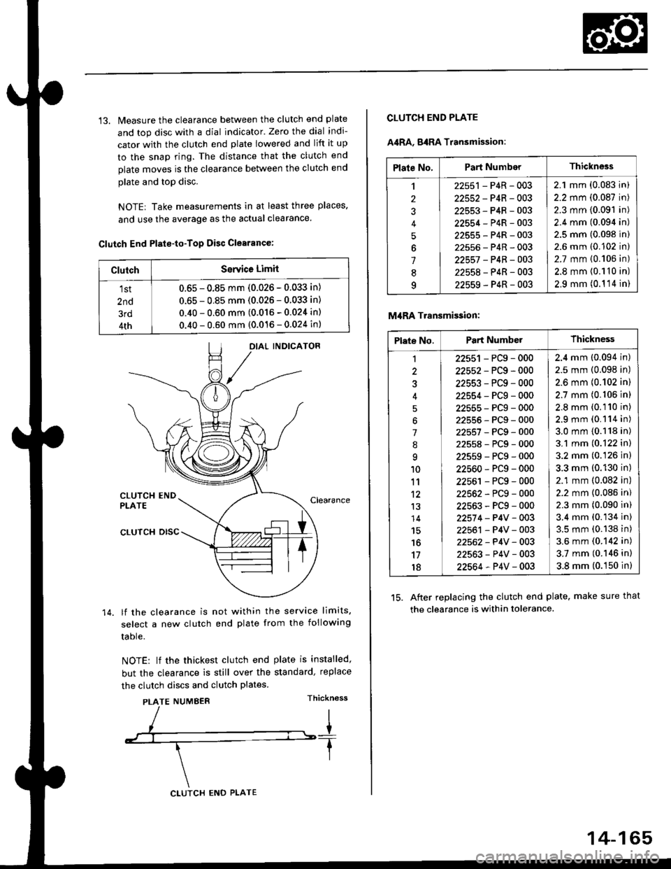 HONDA CIVIC 1997 6.G Workshop Manual 13. Measure the clearance between the clutch end plate
and top disc with a dial indicator Zero the dial indi-
cator with the clutch end plate lowered and lift it up
to the snap ring. The distance tha HONDA CIVIC 1997 6.G Workshop Manual 13. Measure the clearance between the clutch end plate
and top disc with a dial indicator Zero the dial indi-
cator with the clutch end plate lowered and lift it up
to the snap ring. The distance tha