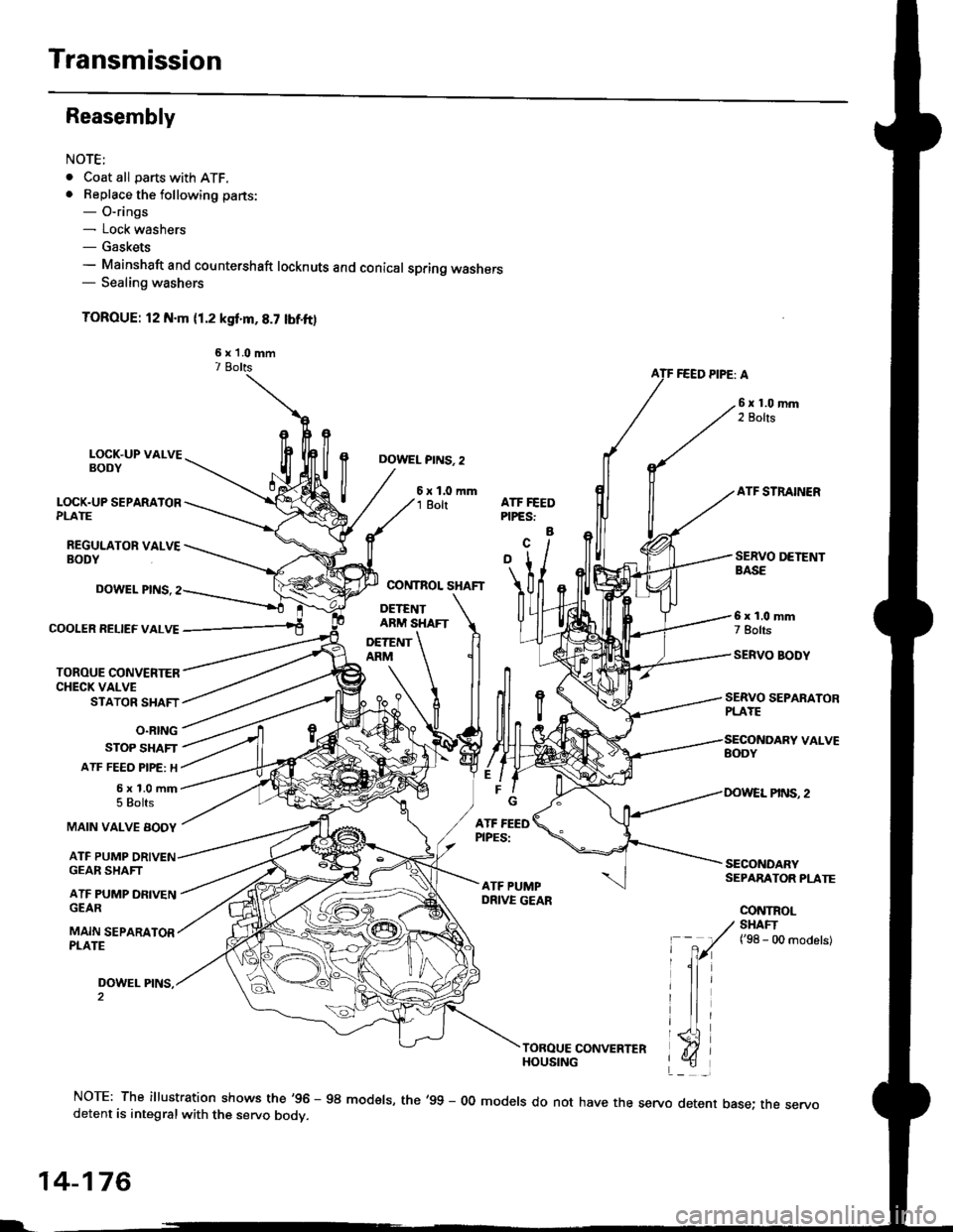 HONDA CIVIC 1998 6.G Workshop Manual Transmission
Reasembly
NOTE;
. Coat all parts with ATF.. Beplace the following parts:- O-rings- Lock washers- Gaskets- Mainshaft and countershaft locknuts and conical spring washers- Sealing washers
T