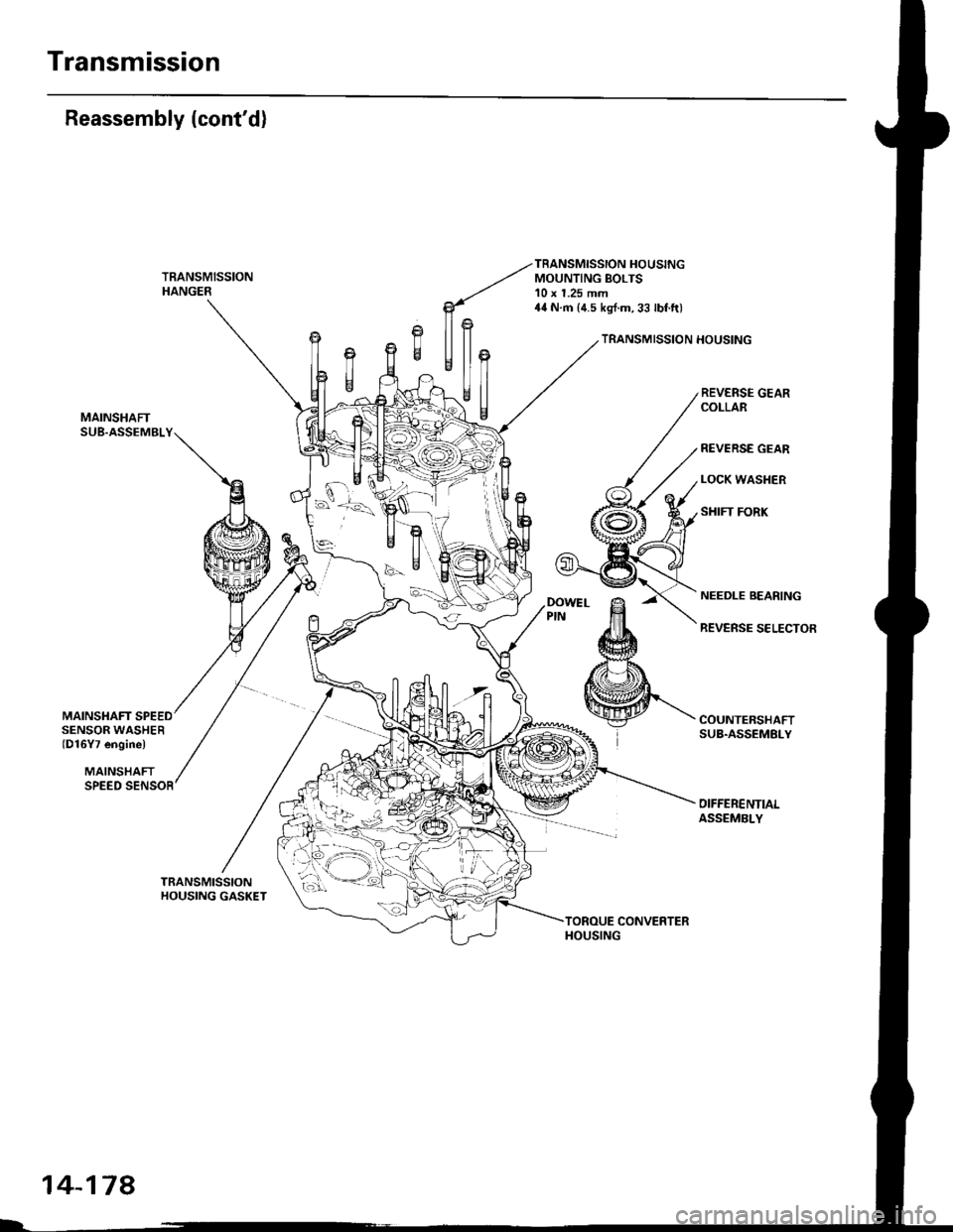 HONDA CIVIC 2000 6.G Workshop Manual Transmission
_\,]ffil
Reassembly (contd)
TRANSMISSIONHANGER
MAINSHAFTSUB.ASSEMBLY
*
Ufln
$*U ./
TRANSMISSION HOUSINGMOUNTING BOLTS10 x 1.25 mm4{ N.m {4.5 kg{.m,33 lbI.ft)
TRANSMISSION HOUSING
REVER