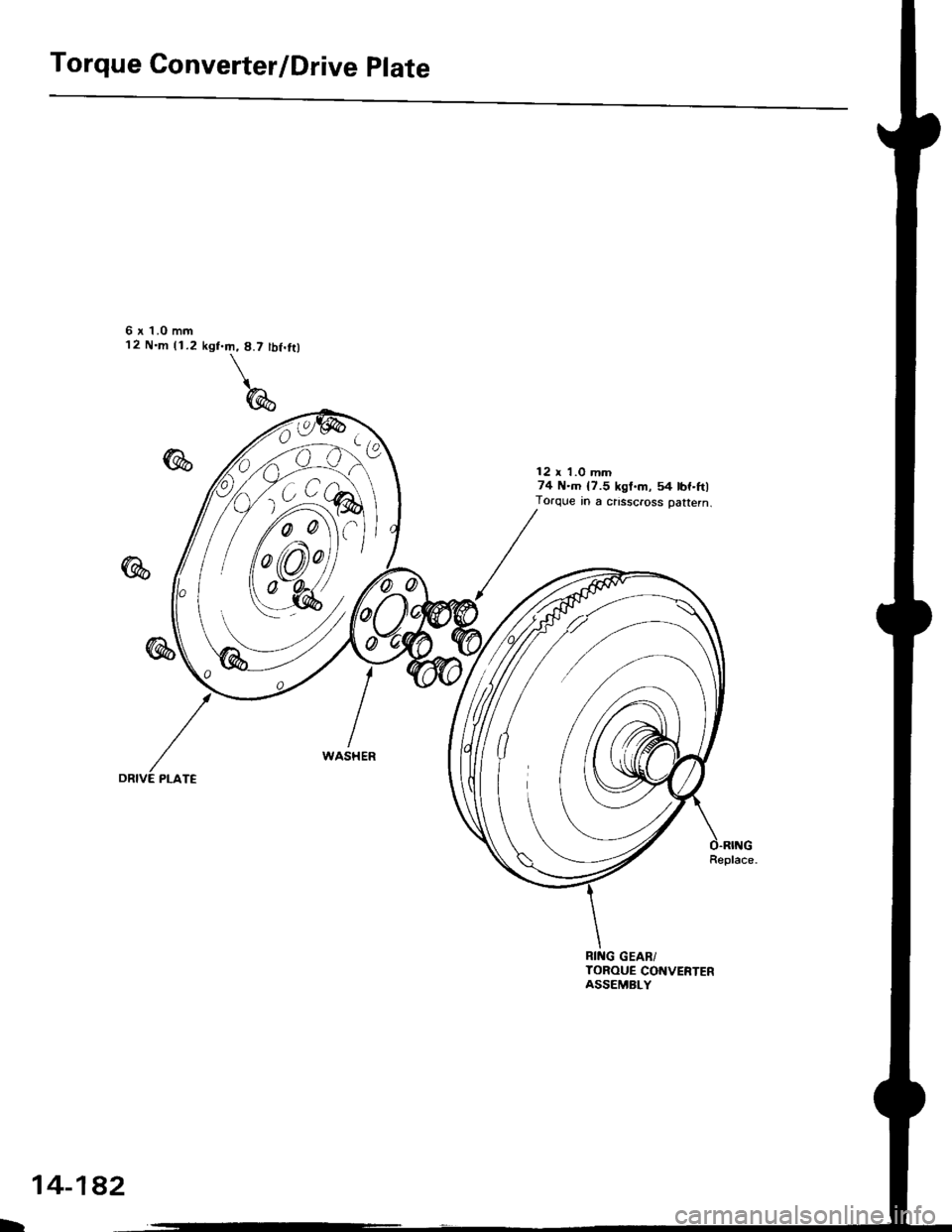 HONDA CIVIC 1999 6.G Workshop Manual Torque Converter/Drive plate
6x1.0mm12 N.m (1.2 kgt.m, 8.7 lbf.ft)
/
E PLATE
74 N.m 17.5 kgl.m, 54 lbf.ftlTorque in a ctisscaoss oattern.
@
@
L
14-182 