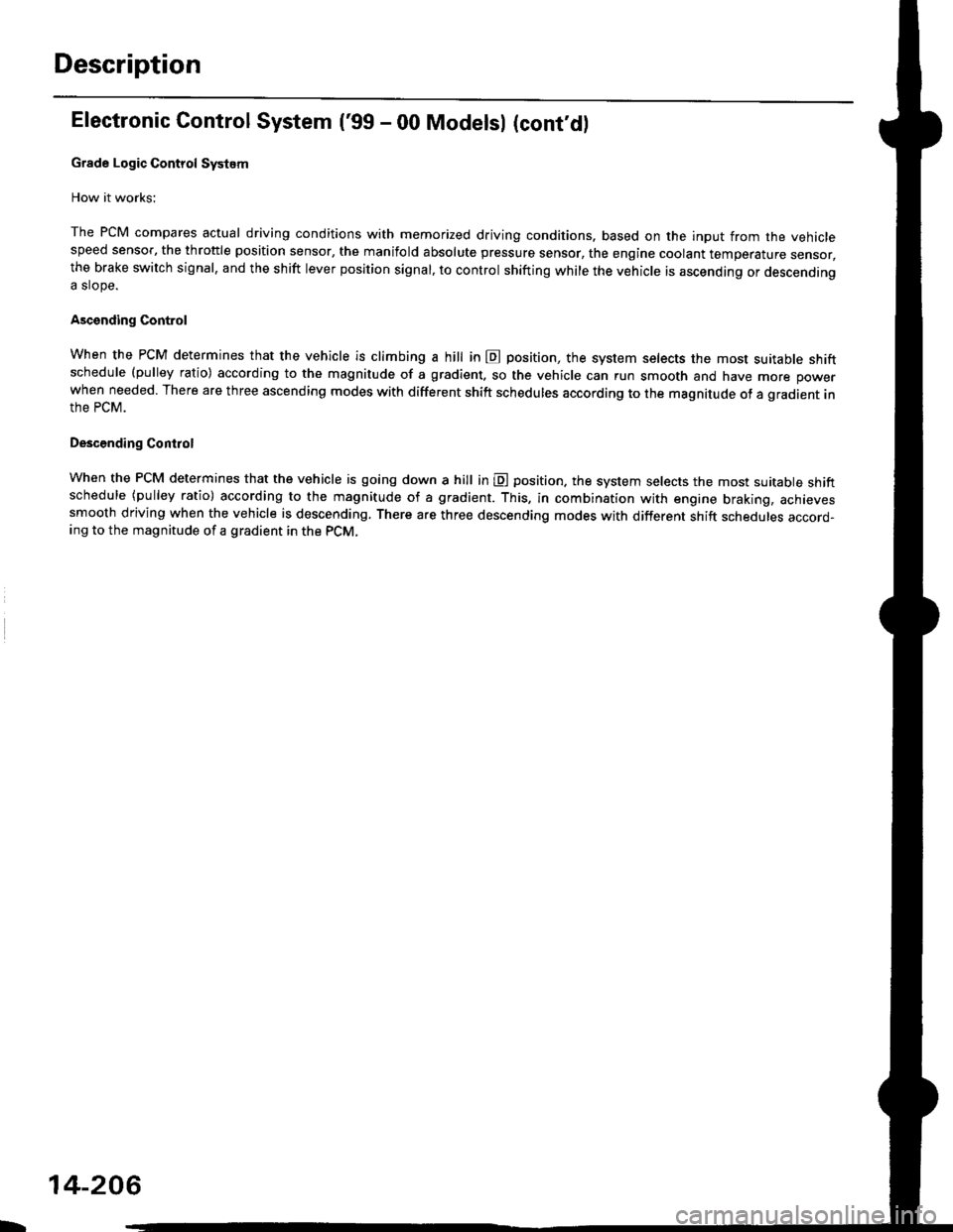 HONDA CIVIC 2000 6.G Service Manual Description
Electronic Control System (99 - 00 Modelsl (contdl
Grade Logic Control System
How it works:
The PcM compares actual driving conditions with memorized driving conditions. based on the inp