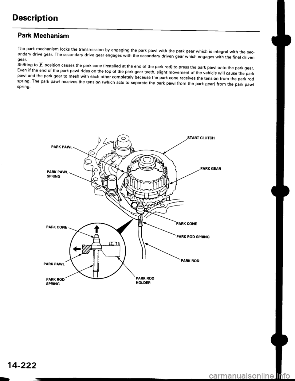 HONDA CIVIC 1999 6.G Workshop Manual Description
Park Mechanism
The park mechanism locks the transmission by engaging the park pawl with the park gear which is integral with the sec-ondary drive gear The secondary drive gear engages wit HONDA CIVIC 1999 6.G Workshop Manual Description
Park Mechanism
The park mechanism locks the transmission by engaging the park pawl with the park gear which is integral with the sec-ondary drive gear The secondary drive gear engages wit