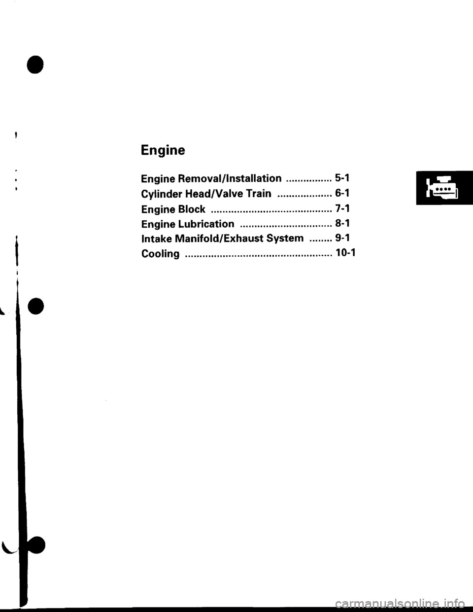 HONDA CIVIC 1999 6.G Service Manual Engine
Engine Removal/lnstallation ................ 5-1
Gylinder Head/Valve Train ................... 6-1
Engine Bfock .......... ...........7-1
Engine Lubrication ........... 8-1
Intake Manifold/Exha