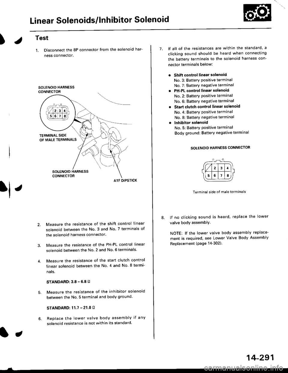 HONDA CIVIC 1998 6.G Workshop Manual Linear Solenoids/lnhibitor Solenoid
)Test
1. Disconnect the 8P connector from the solenoid har-
ness connector.
SOLENOID HARNESSCONNECTOR
ATF OIPSTICK
Measure the resistance of the shift control linea