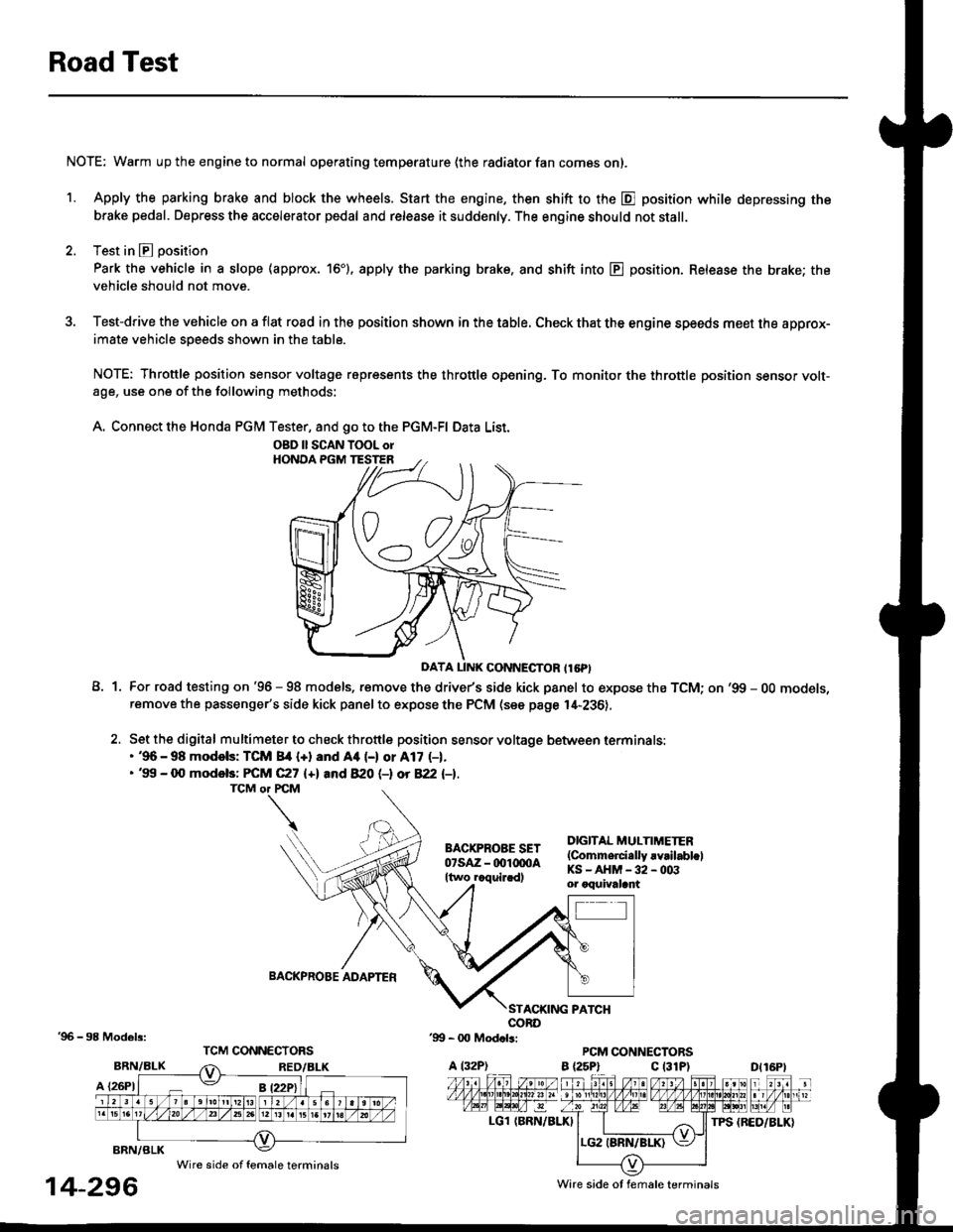 HONDA CIVIC 1997 6.G Owners Manual Road Test
NOTE: Warm up the engine to normal operating temperature (the radiator fan com6s on).
1. Apply the parking brake and block the wheels. Start the engine, then shift to the E position while de