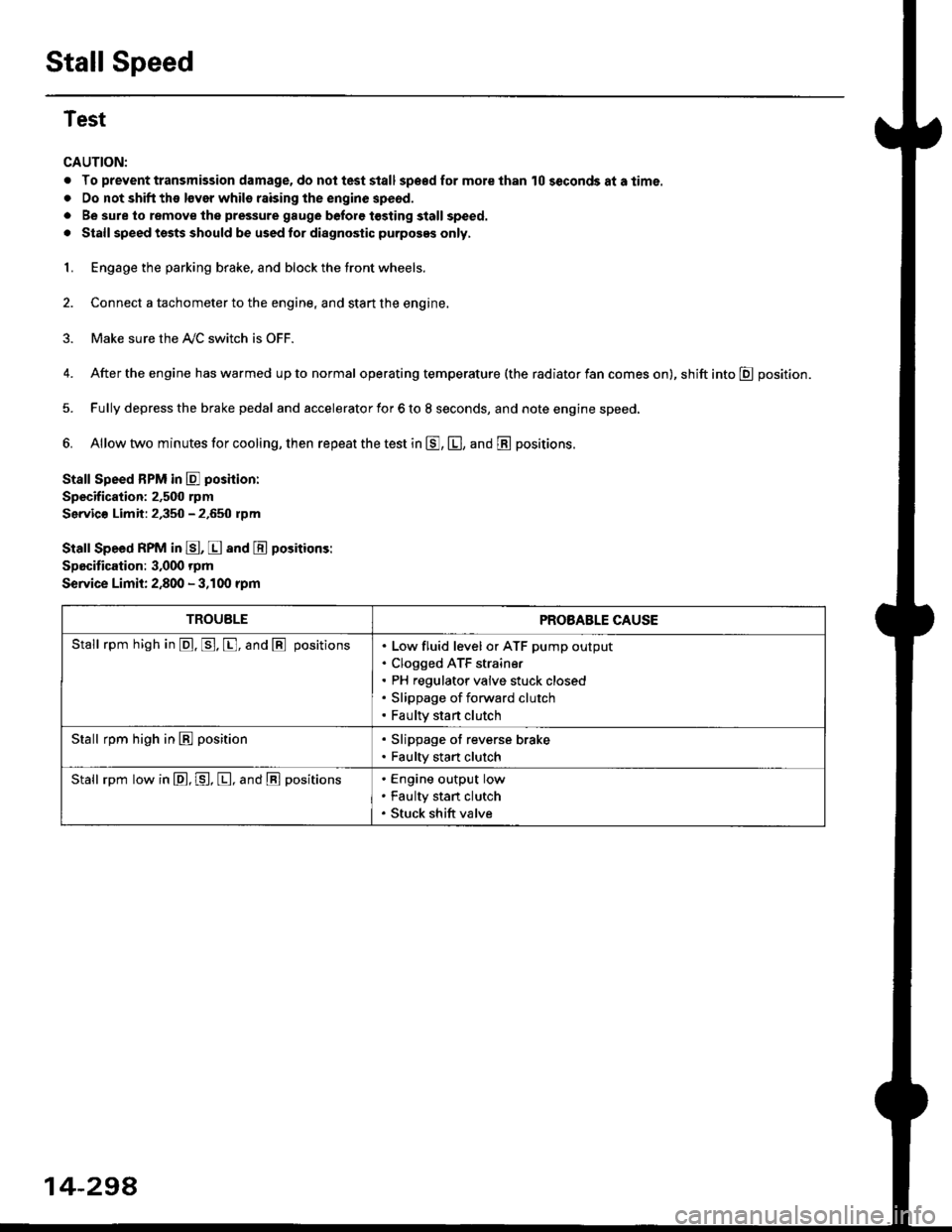 HONDA CIVIC 1996 6.G Owners Manual Stall Speed
Test
CAUTION:
. To prevent transmission damage, do not test stall sp€€d for mole than 10 seconds at a time.
. Do not shift the lsver whils raising the engine speod.
. Be sure lo remove