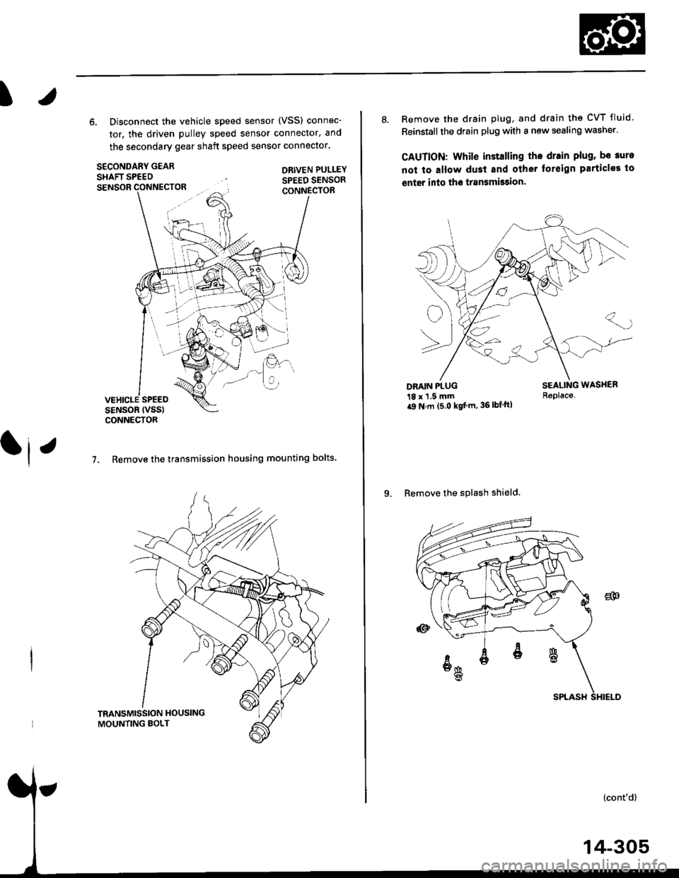 HONDA CIVIC 1997 6.G User Guide I
6. Disconnect the vehicle speed sensor (VSS) connec-
tor, the driven pulley speed sensor connector, and
the secondary gear shaft speed sensor connector.
SECONDARY GEARSHAFT SPEEDORIVEN PULLEY
SPEED 
